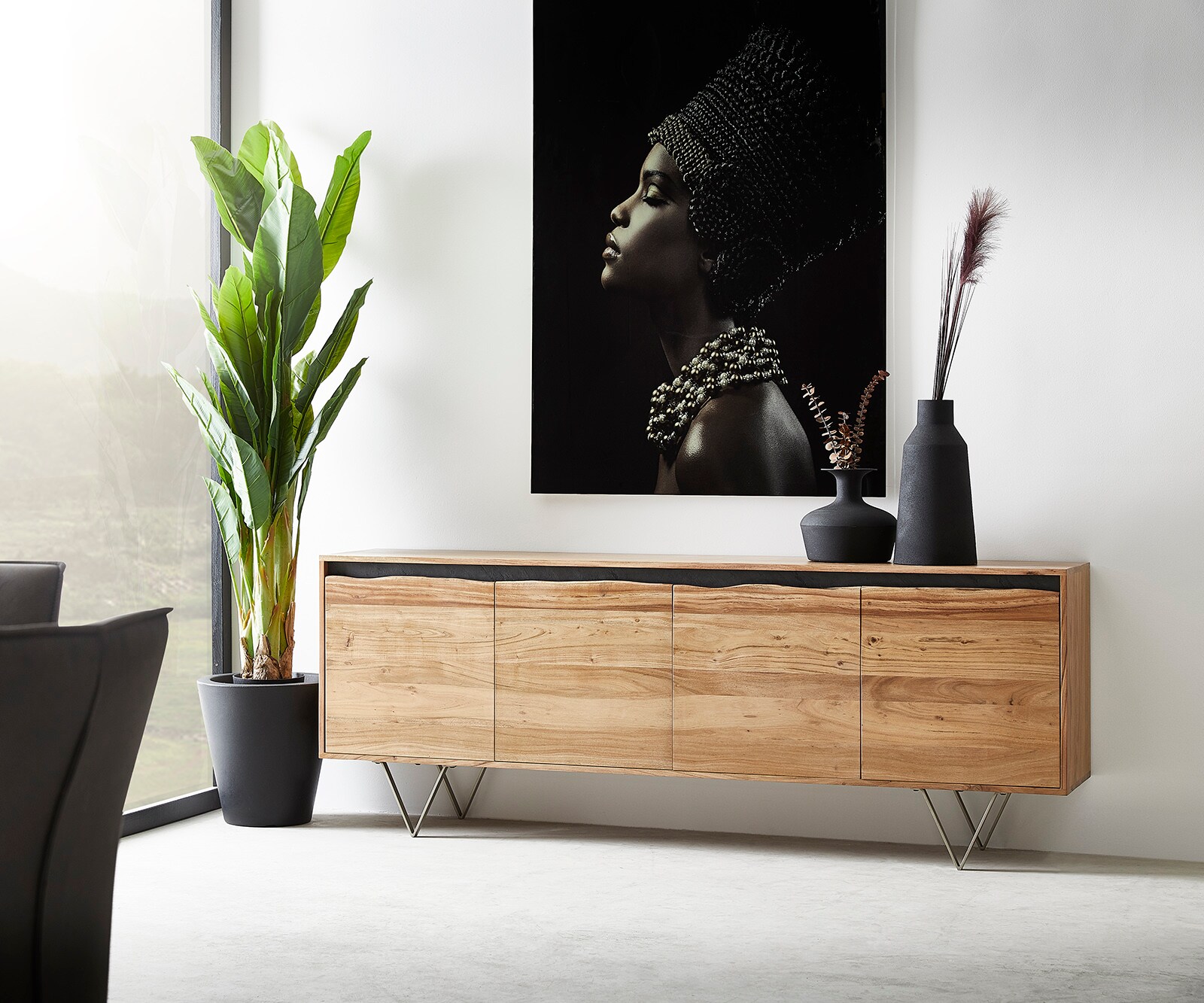Sideboard Stonegrace 200x45 cm Akazie Natur 4 Türen Baumkante 1