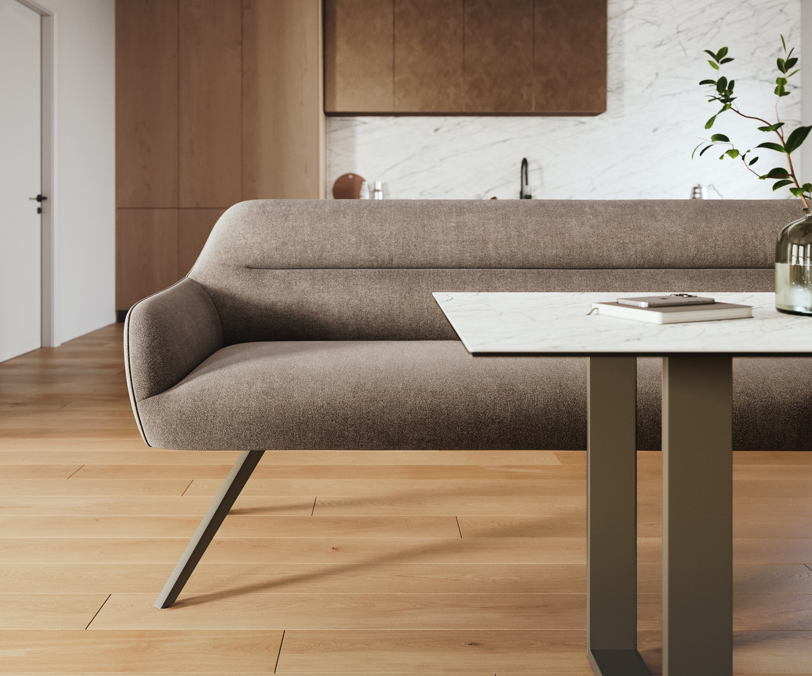 Esszimmerbank Taya-Flex 200 cm Strukturstoff Soft Taupe Kreuzgestell kantig Effektfinish Titan Taschenfederkern 2