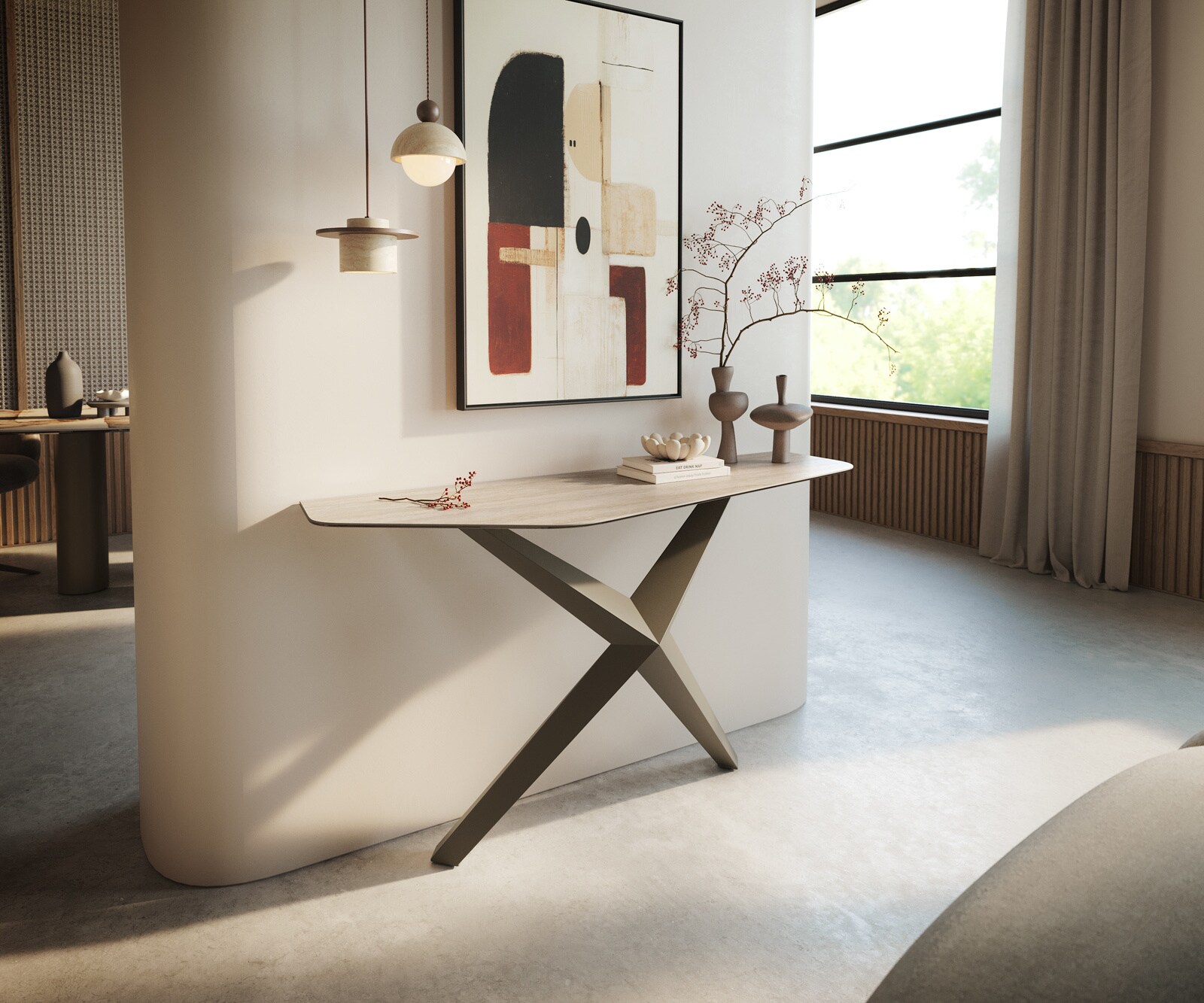 Konsolentisch Edge Polygonal 140x50 cm Keramik Laminam® Travertino Bianco Creme-Weiß Zentharo Metall Effektfinish Titan 3
