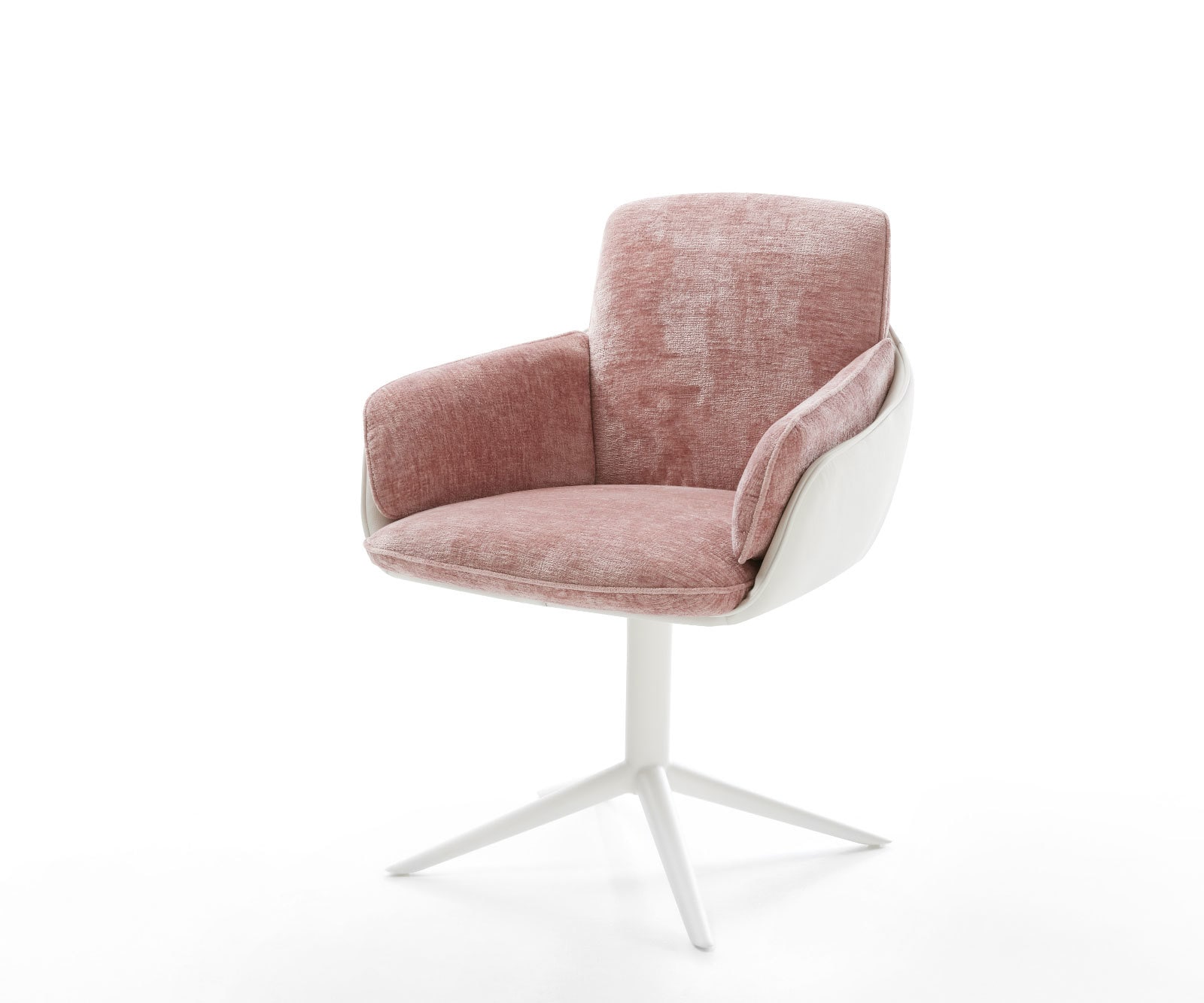 Drehstuhl Luan-Flex mit Armlehnen Materialmix Echtleder Weiß-Rosé Fußkreuz Weiß 360° drehbar Wippfunktion