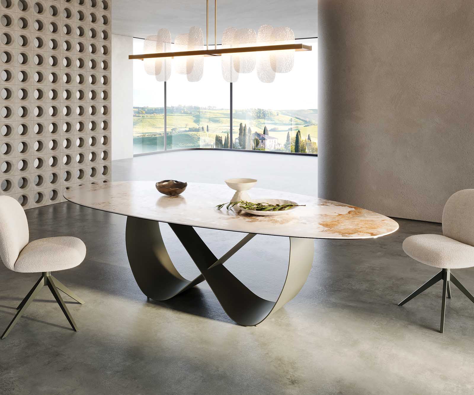 Esstisch Edge Oval 280x130 Keramik Minas Melange Weiß-Beige Infinity Metall Effektfinish Titan 6