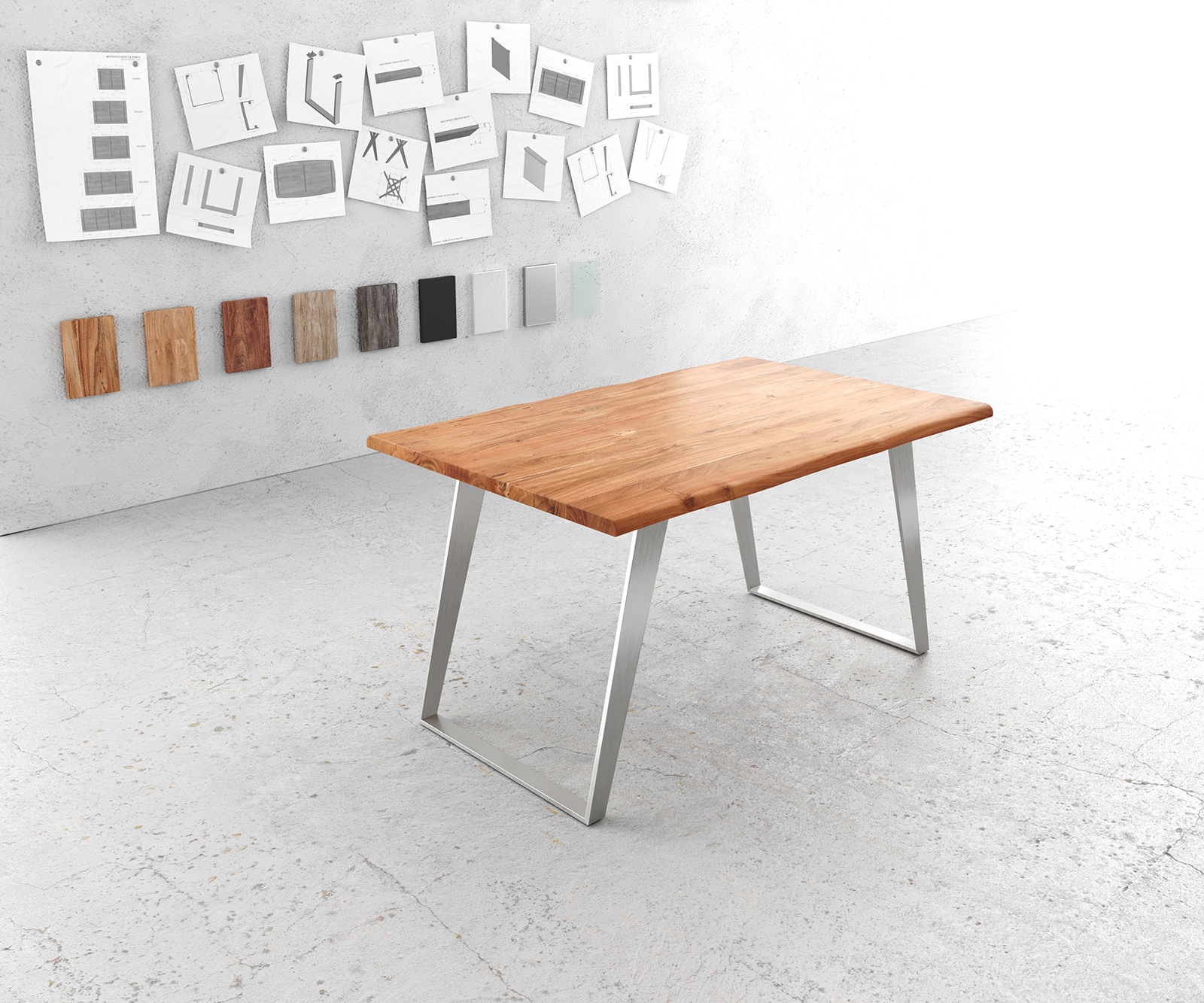 Delife Esstisch Edge 140x90cm Akazie Natur Edelstahl Silber Schräg Live-Edge