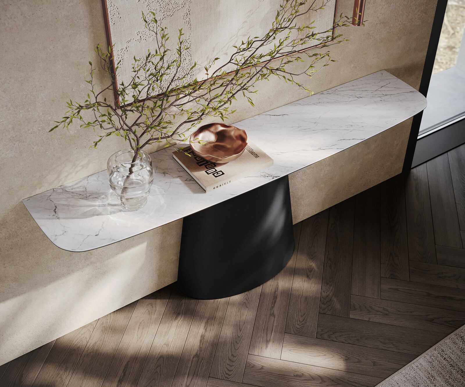 Konsolentisch Edge Boot 180x40 cm Keramik Laminam® Statuarietto Weiß Conos Metall Schwarz 1