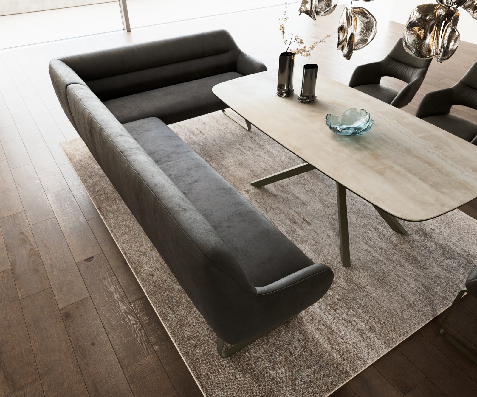 Esszimmerbank Taya-Flex 285x190 cm Mikrofaser Anthrazit Vintage Kufengestell flach Effektfinish Titan Taschenfederkern Links 4