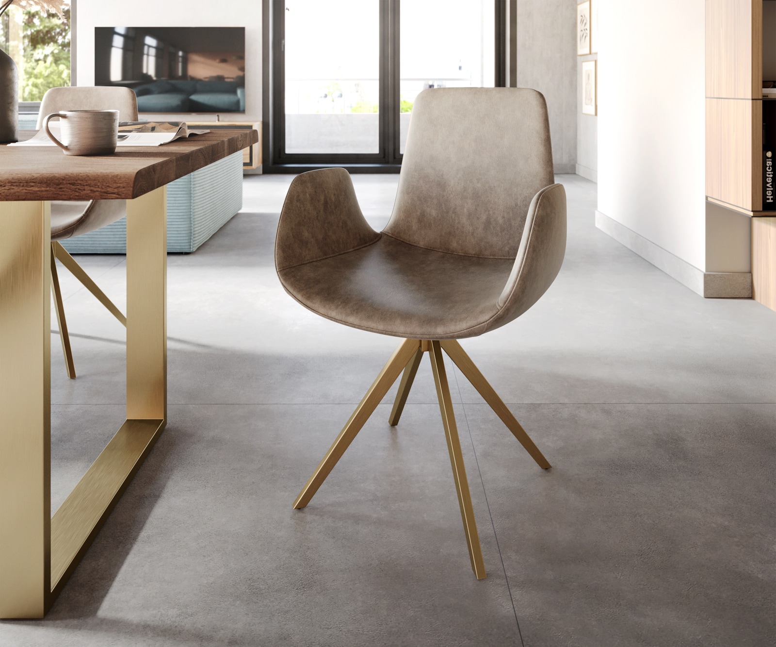 Drehstuhl Ilia-Flex mit Armlehnen Mikrofaser Taupe Vintage Kreuzgestell kantig Gold 180° drehbar
