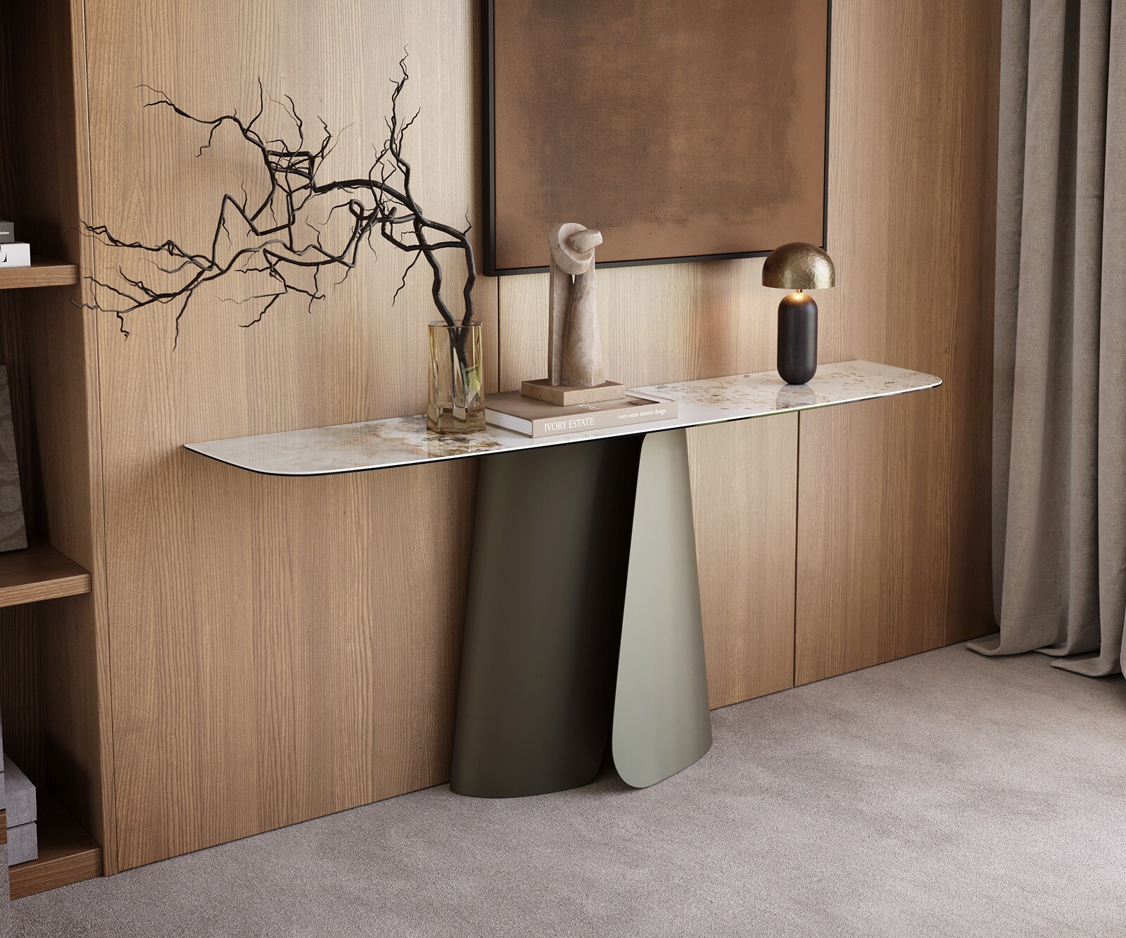 Konsolentisch Edge Boot 180x40 cm Keramik Minas Melange Weiß-Beige Livos Metall Effektfinish Titan