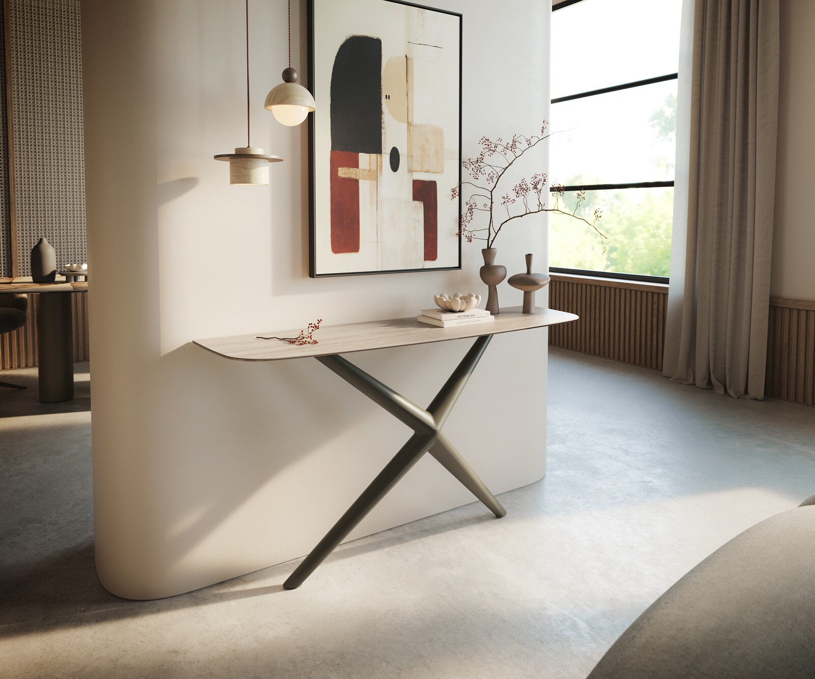 Konsolentisch Edge Boot 140x40 cm Keramik Laminam® Travertino Bianco Creme-Weiß Estelo Metall Effektfinish Titan 3