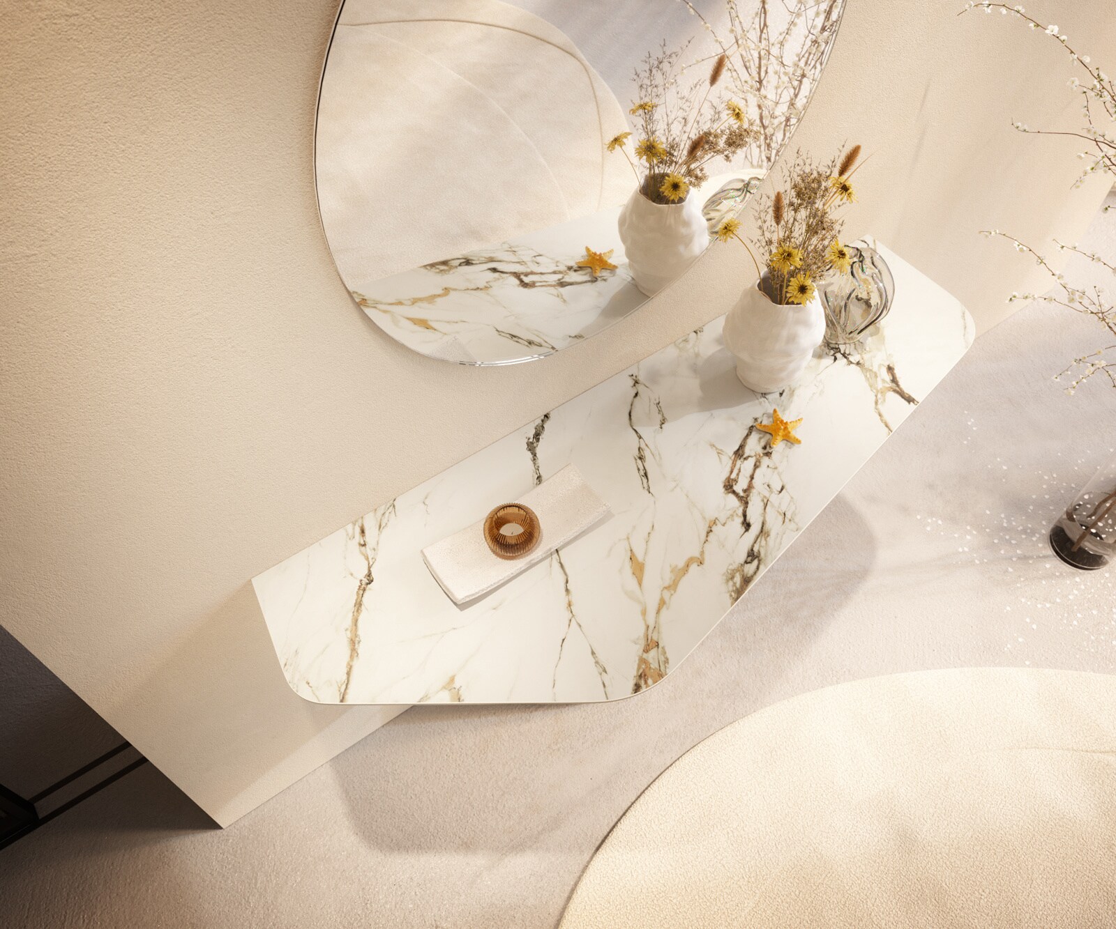 Konsolentisch Edge Polygonal 140x50 cm Keramik Calacatta Luxe Weiß-Gold-Grau Zentharo Metall Effektfinish Titan 1