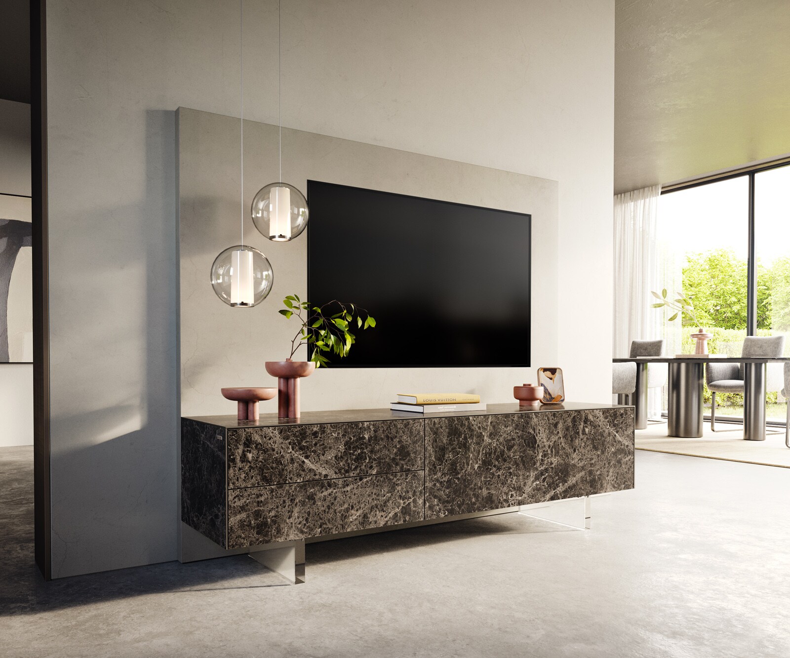 Lowboard Cuor 180 cm Keramik Laminam® Emperador Extra Lucidato Dunkelbraun 1 Klappe 2 Schubfächer Fuß Schwebeoptik Acrylglas