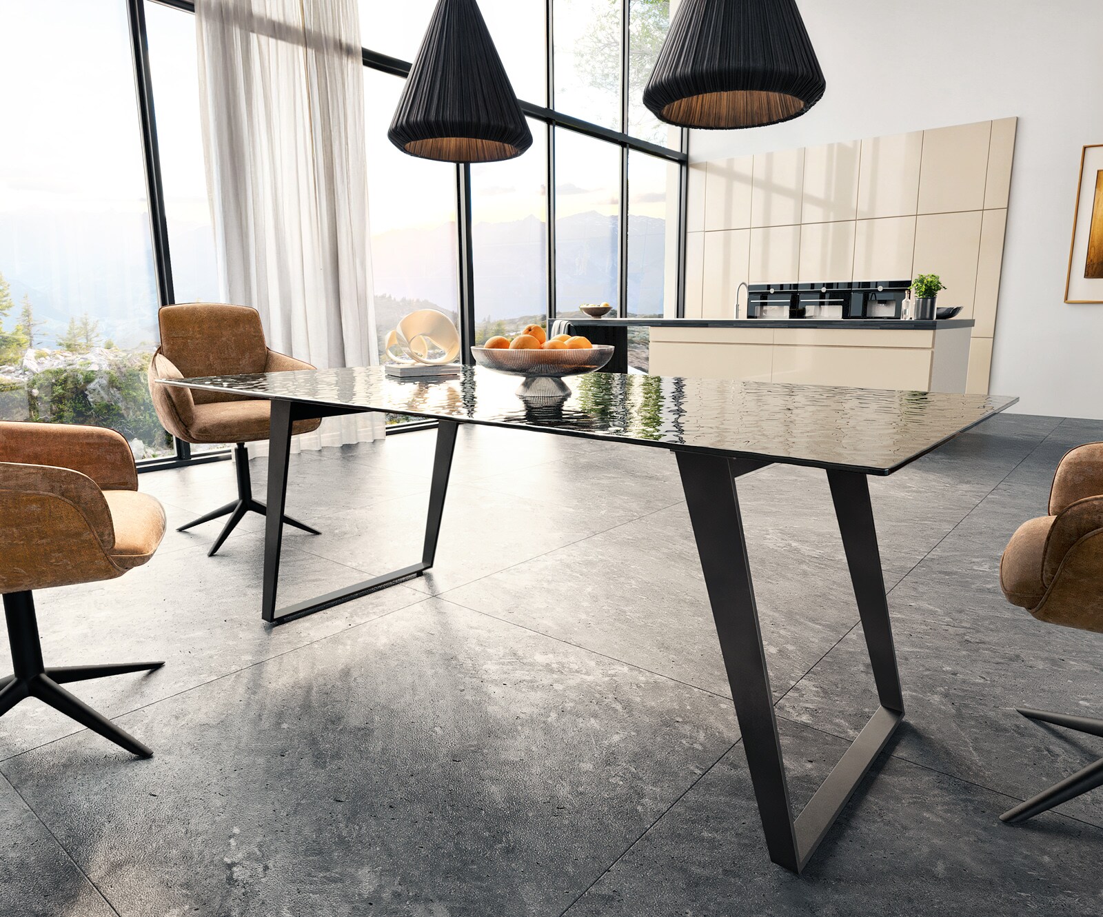 Esstisch Edge 200x100 Reliefglas Rauchschwarz 3D-Design Metall Schräg Schwarz 3