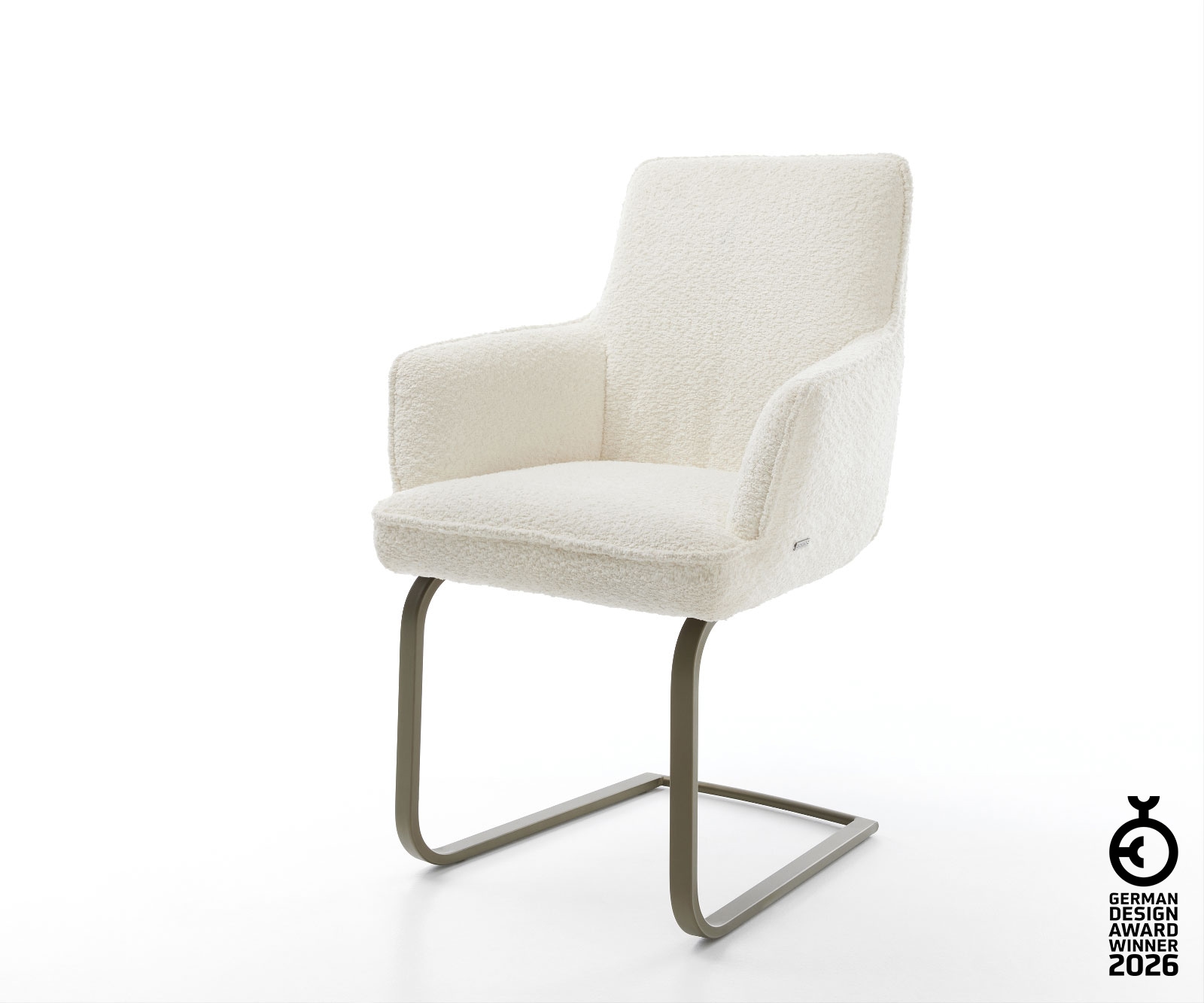 DELIFE Freischwinger Heira-Flex mit Armlehnen Bouclé Weiß Freischwinger flach Effektfinish Titan Taschenfederkern, Esszimmerstühle