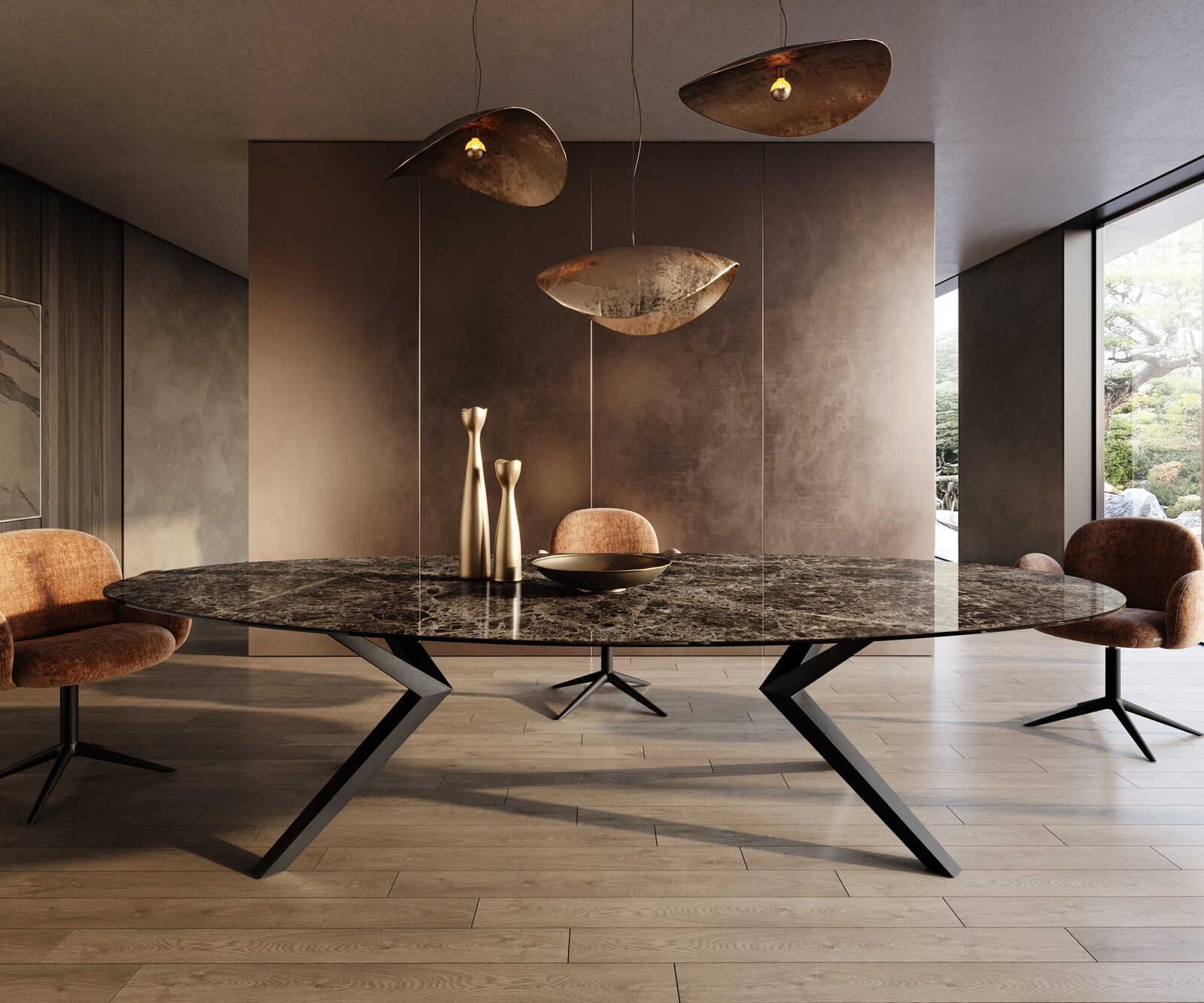 Esstisch Edge Oval 315x150 Keramik Emperador Extra Lucidato Dunkelbraun Zenthara kantig Metall Schwarz 2