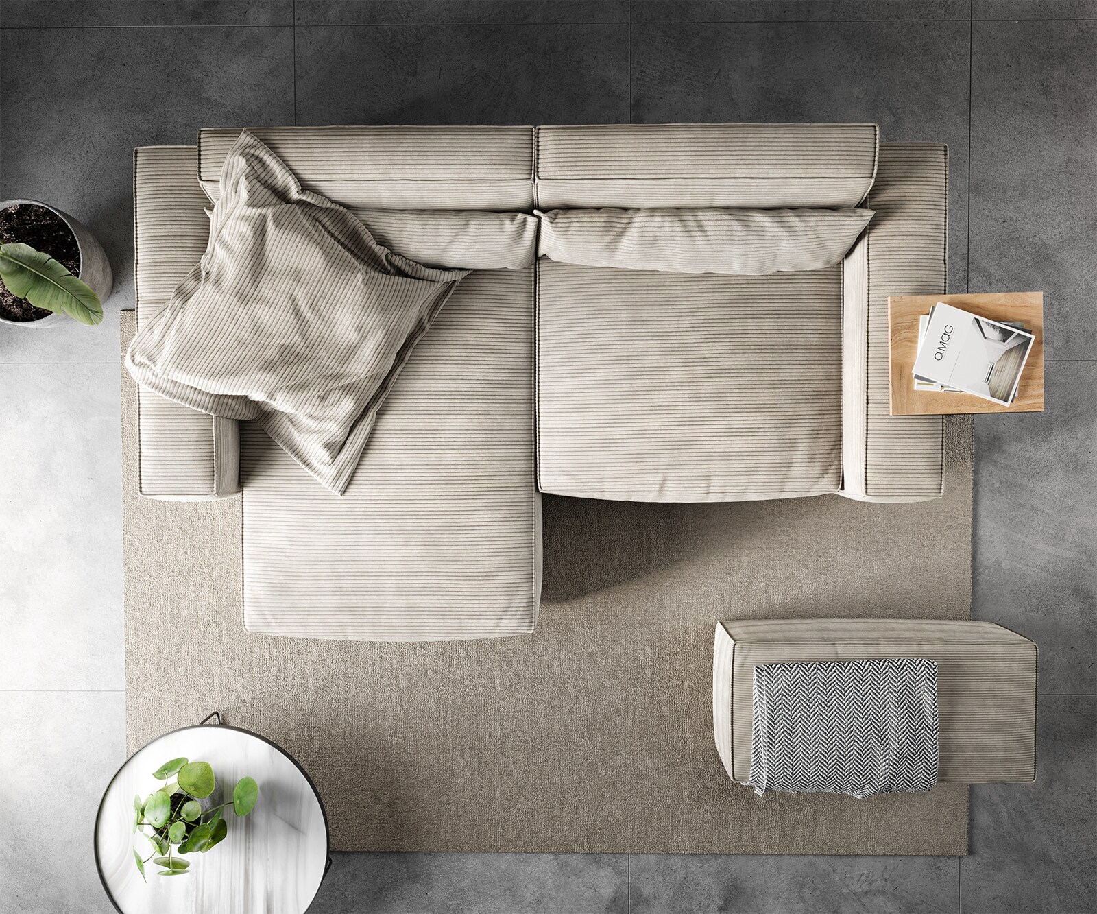 Ecksofa Sirpio 230x150 cm Cord Beige Recamiere variabel mit Hocker 6