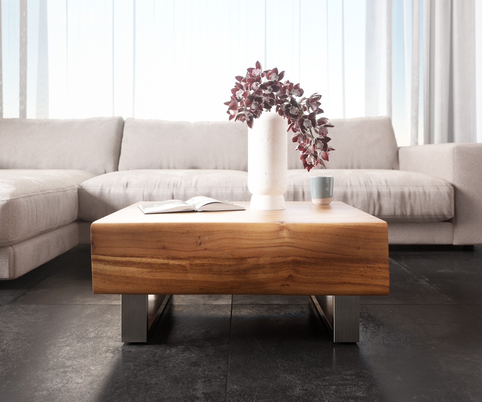 Couchtisch New Live-Edge 80x60 cm Akazie Natur 2 Schubladen Kufe Edelstahl gebürstet 1