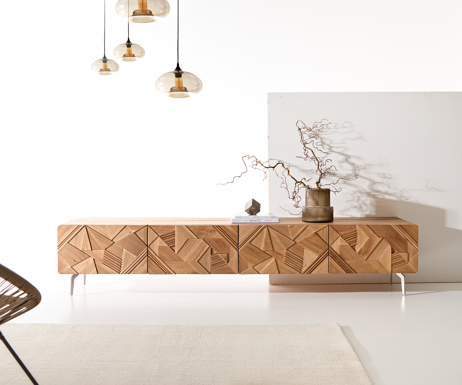 Lowboard Eldoria 220 cm Ulme Natur 3D Effekt 2 Türen 2 Schubfächer Winkelfuß Edelstahl Lowboard Eldoria 220 cm Ulme Natur 3D Effekt 2 Türen 2 Schubfächer Winkelfuß Edelstahl