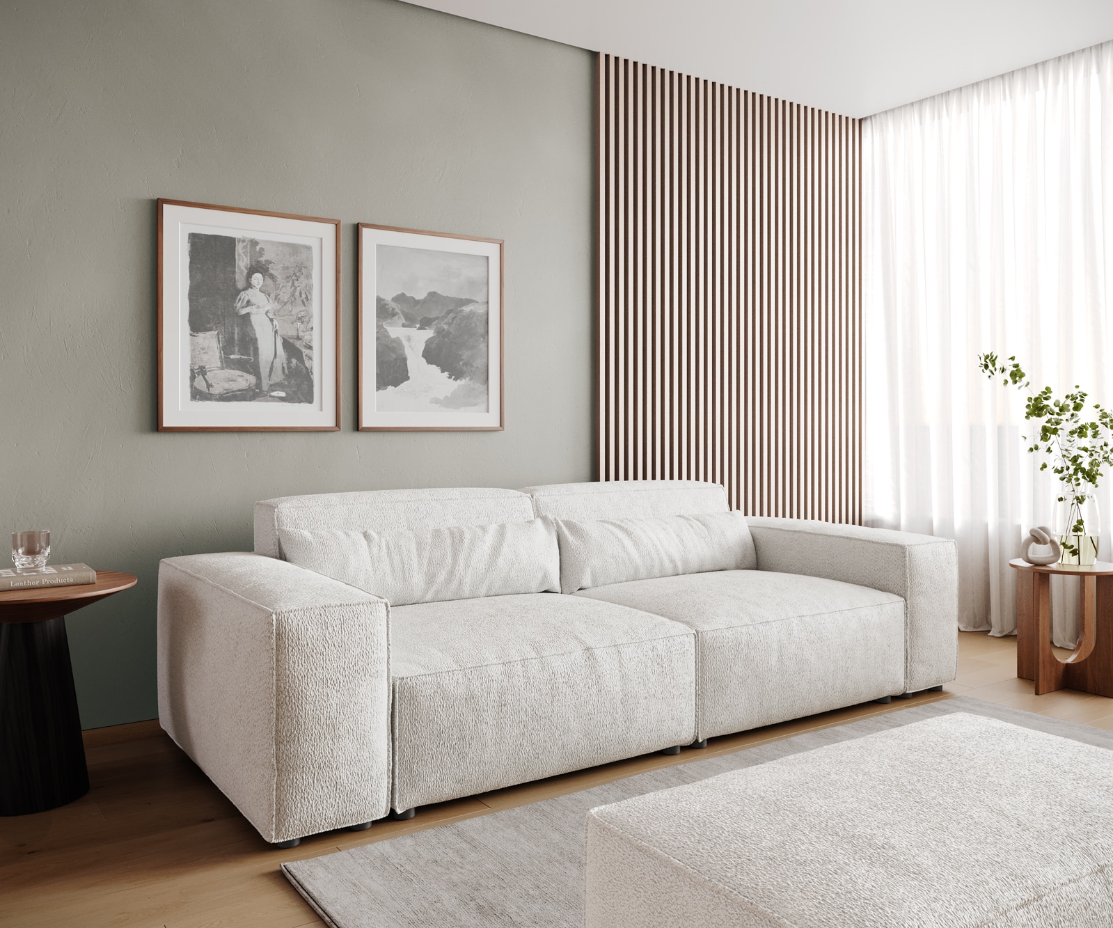Big-Sofa Sirpio 230x95 cm Bouclé Creme-Weiß mit Hocker