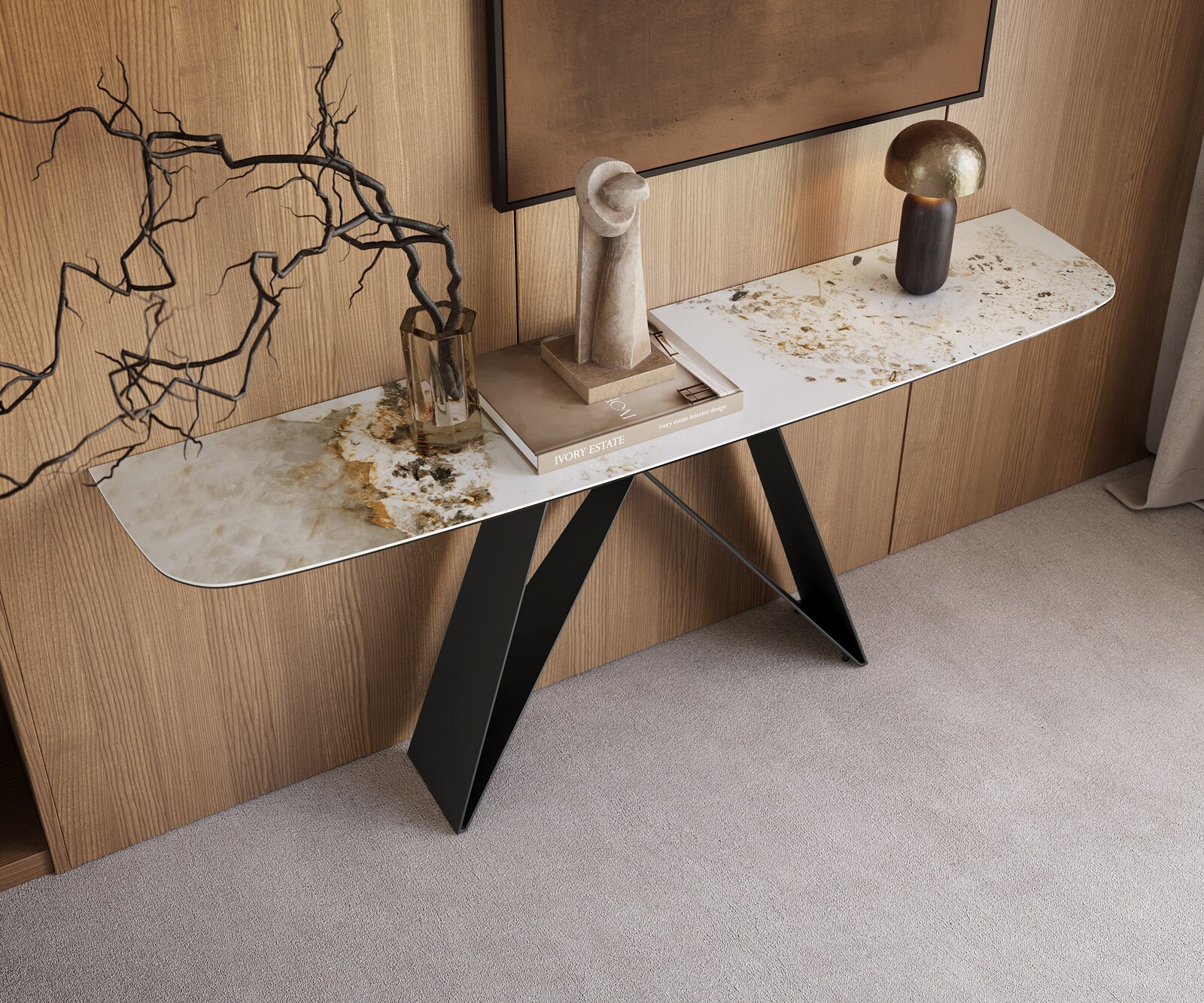 Konsolentisch Edge Boot 180x40 cm Keramik Minas Melange Weiß-Beige Velio Metall Schwarz 1