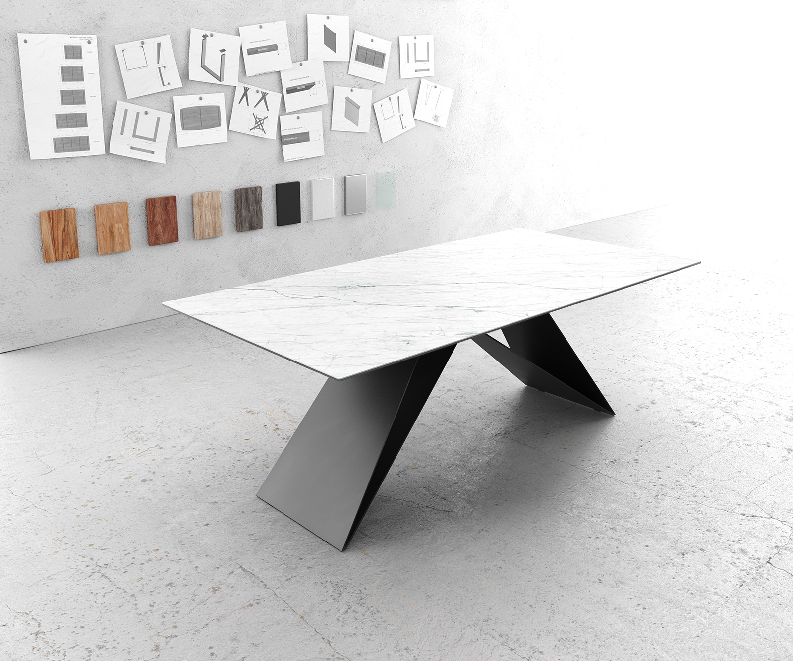 DELIFE Esstisch Edge 200x100cm Keramik LaminamStatuarietto Weiß V-Mittelfuß Schwarz