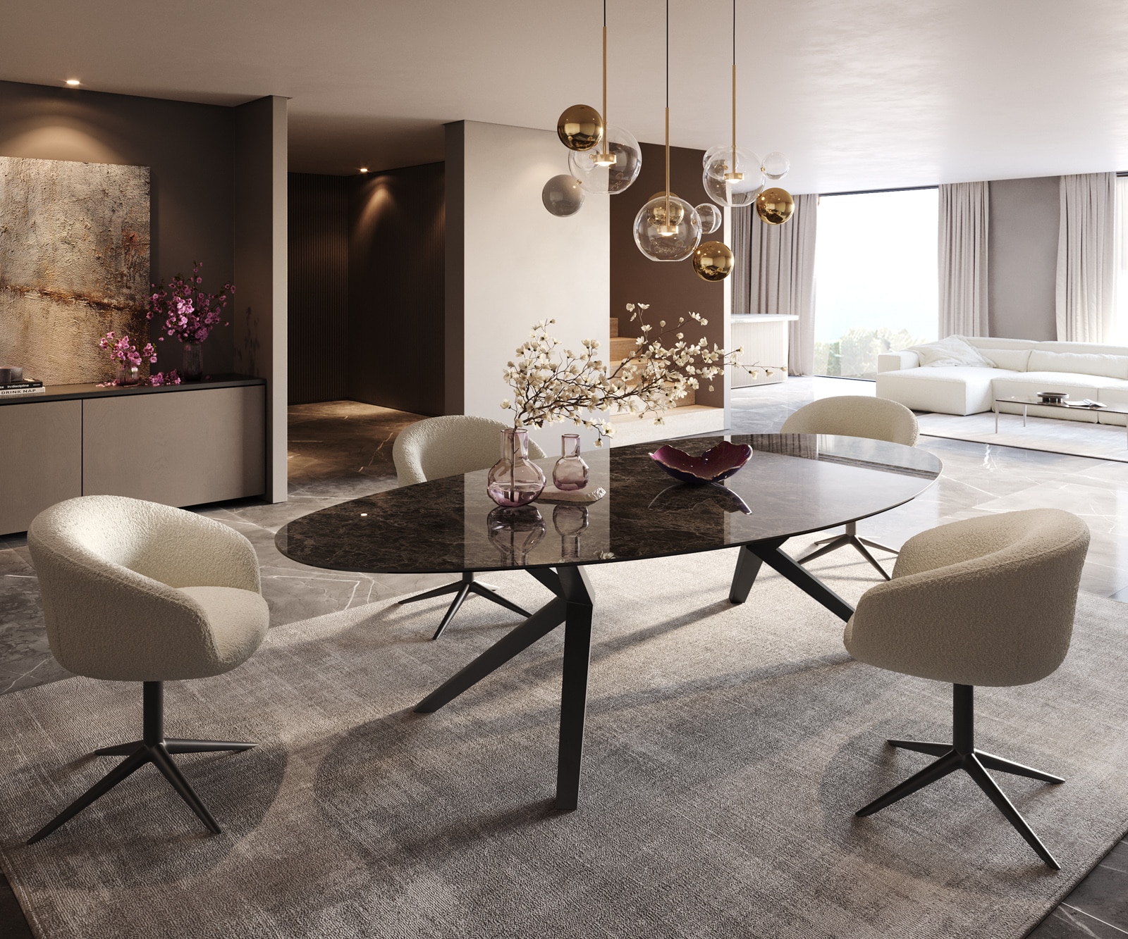 Esstisch Edge Oval 280x130 Keramik Laminam®Emperador Extra Lucidato Dunkelbraun Zenthara kantig Metall Schwarz 6