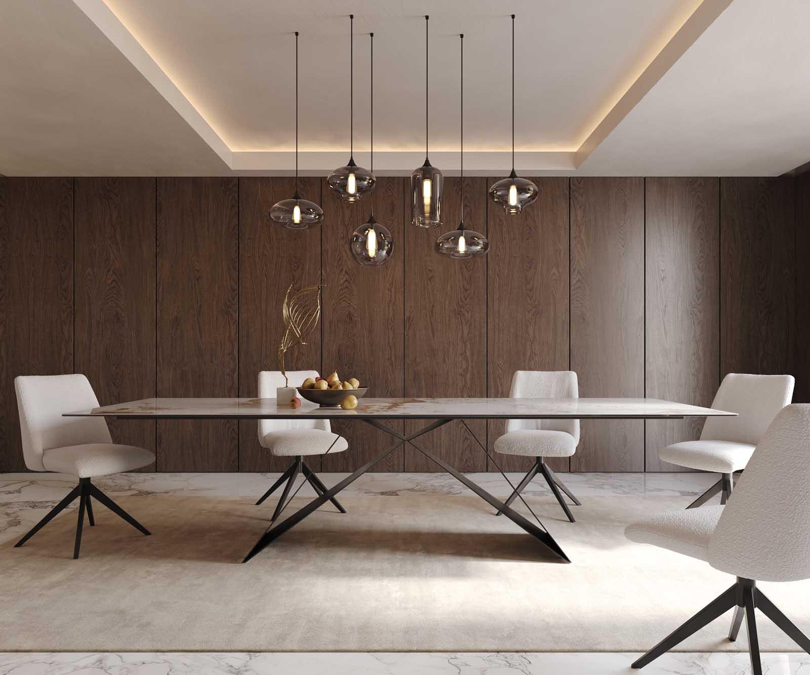 Esstisch Edge 300x100 Keramik Minas Melange Weiß-Beige V-Gestell Flachstahl Schwarz 2