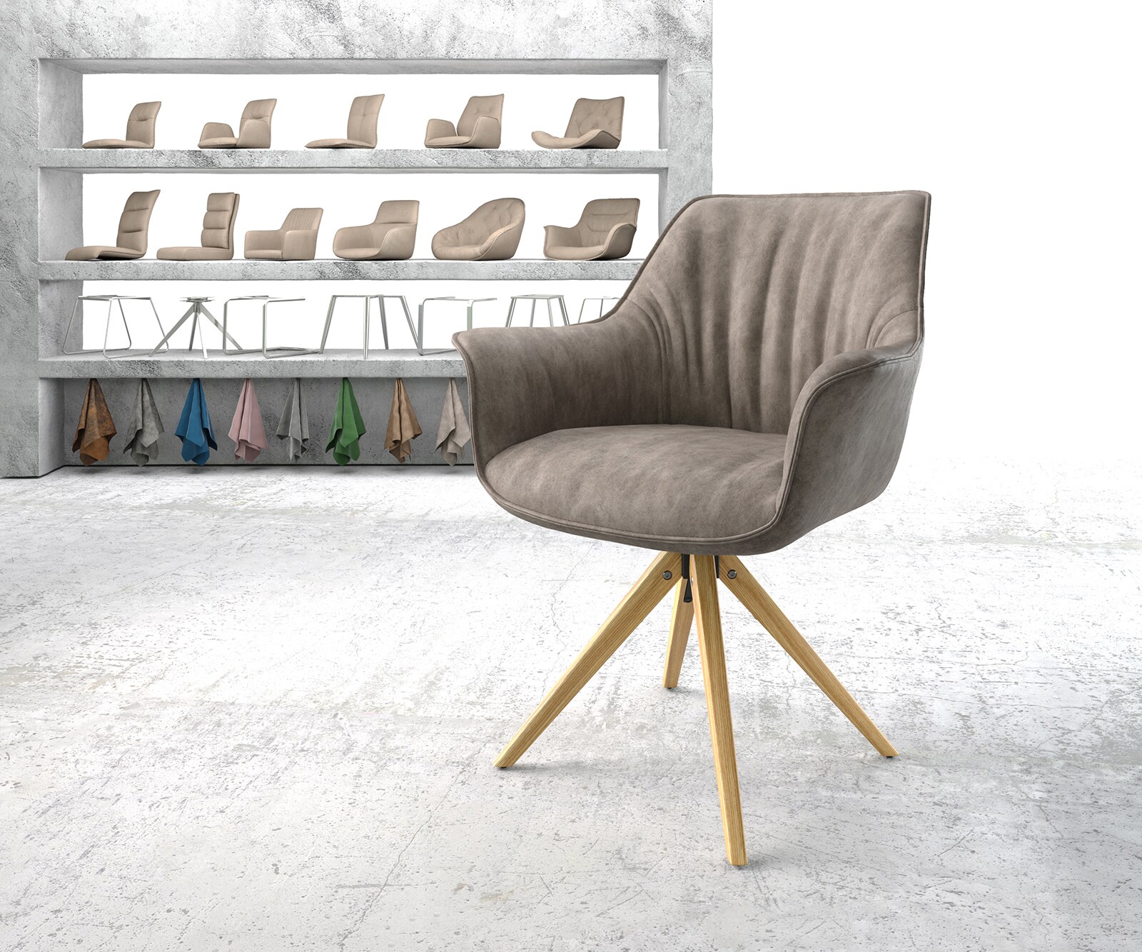 Esszimmerstuhl Keila-Flex mit Armlehnen Mikrofaser Taupe Vintage Holzgestel günstig online kaufen