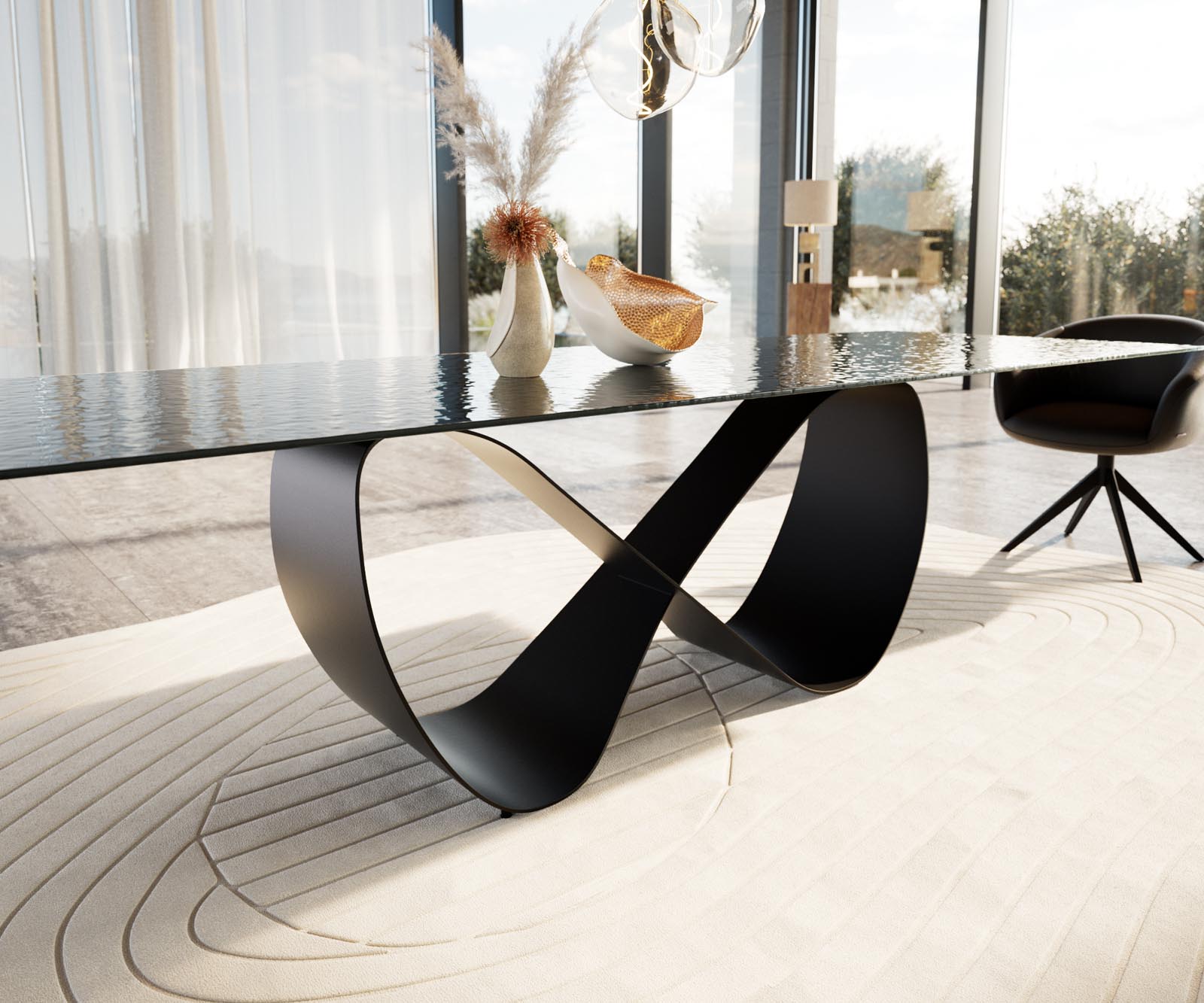 Esstisch Edge 300x100 Reliefglas Rauchschwarz 3D-Design Infinity Metall Schwarz 4