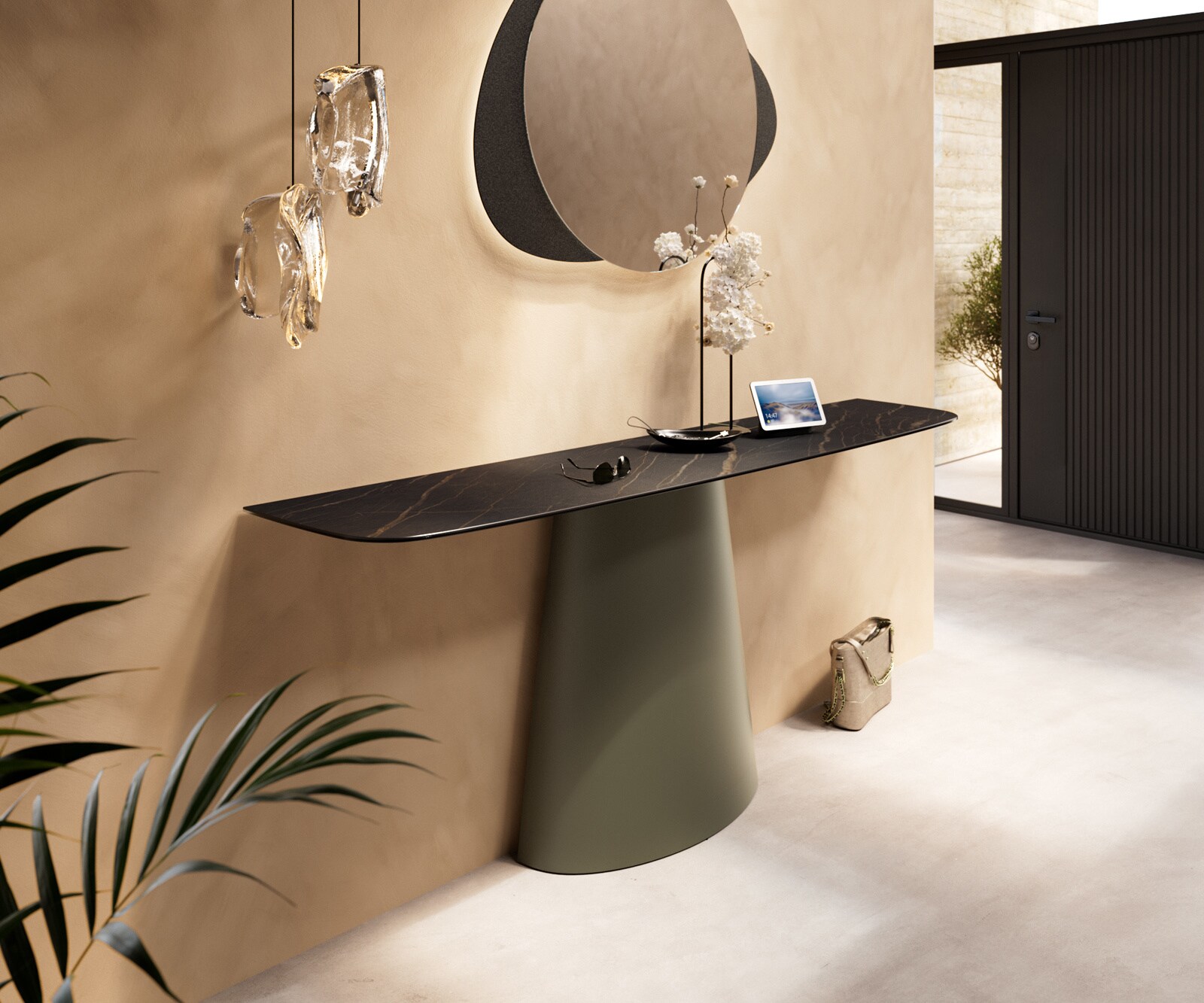 Konsolentisch Edge Boot 180x40 cm Keramik Laminam® Noir Desir Braun Conos Metall Effektfinish Titan