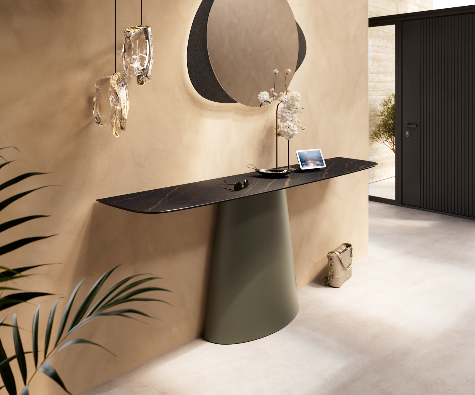 Konsolentisch Edge Boot 180x40 cm Keramik Laminam® Noir Desir Braun Conos Metall Effektfinish Titan