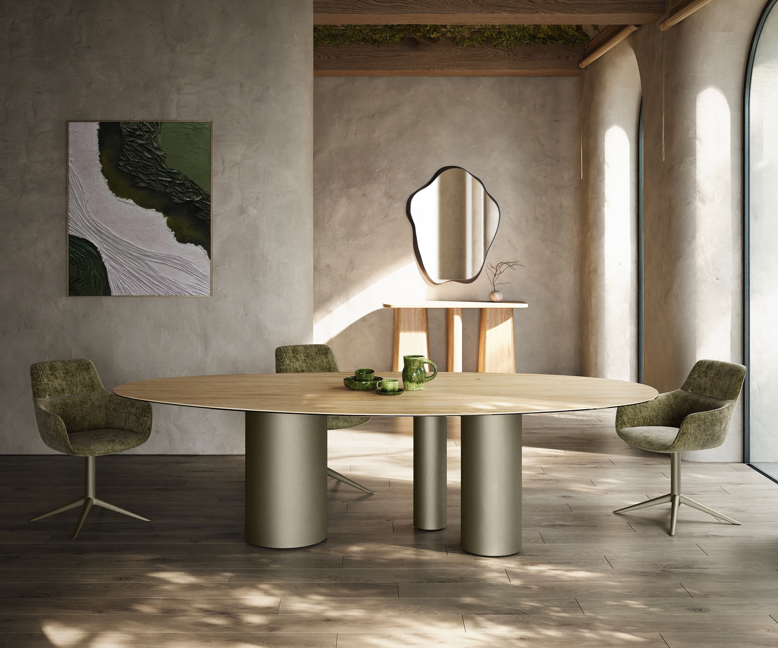 Esstisch Edge Oval 280x130 Keramik Laminam® Sabbia Eichefarbig Troa Metall Effektfinish Titan 2