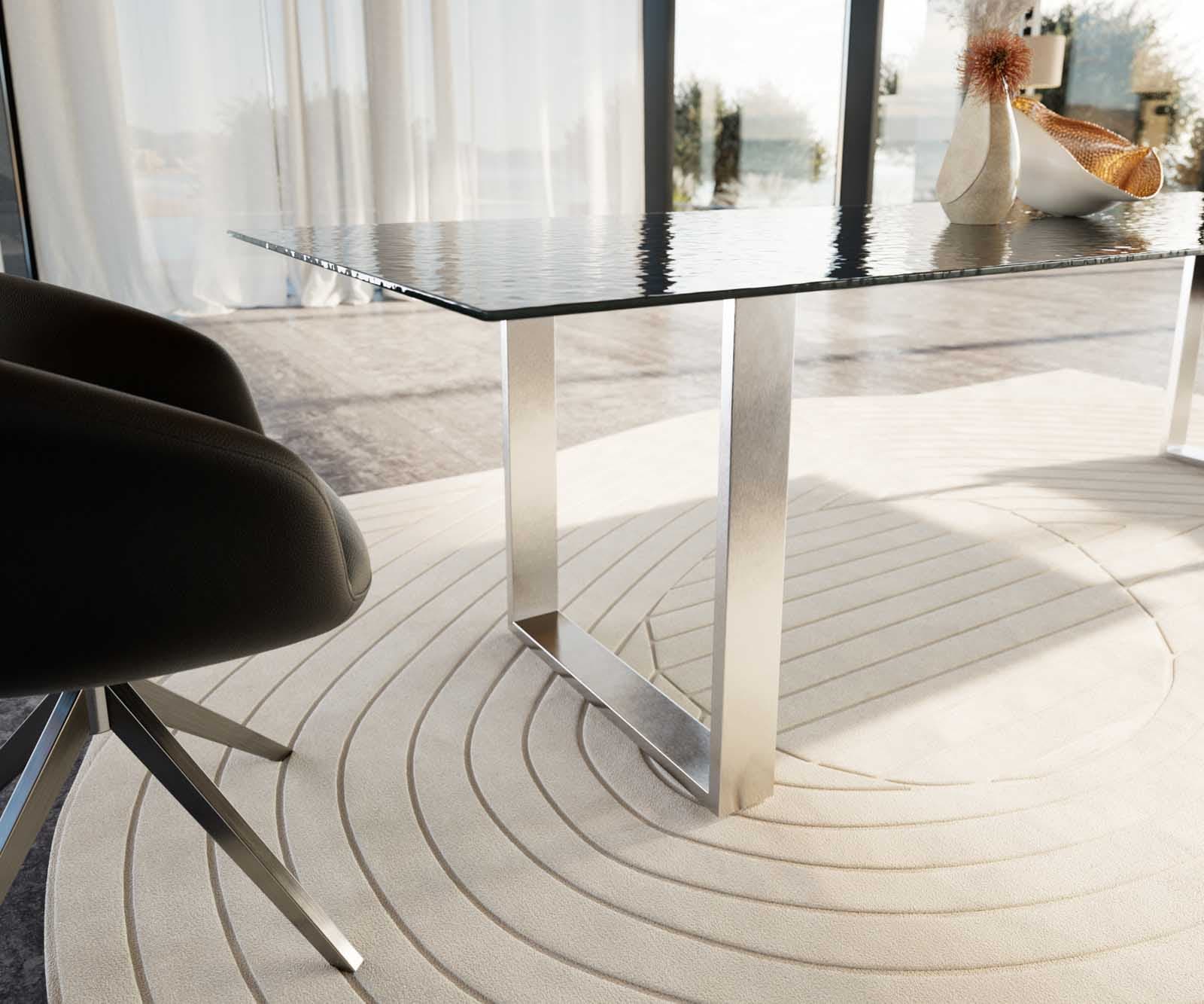 Esstisch Edge 300x100 Reliefglas Rauchschwarz 3D-Design Edelstahl Schmal 6 Esstisch Edge 300x100 Reliefglas Rauchschwarz 3D-Design Edelstahl Schmal 6