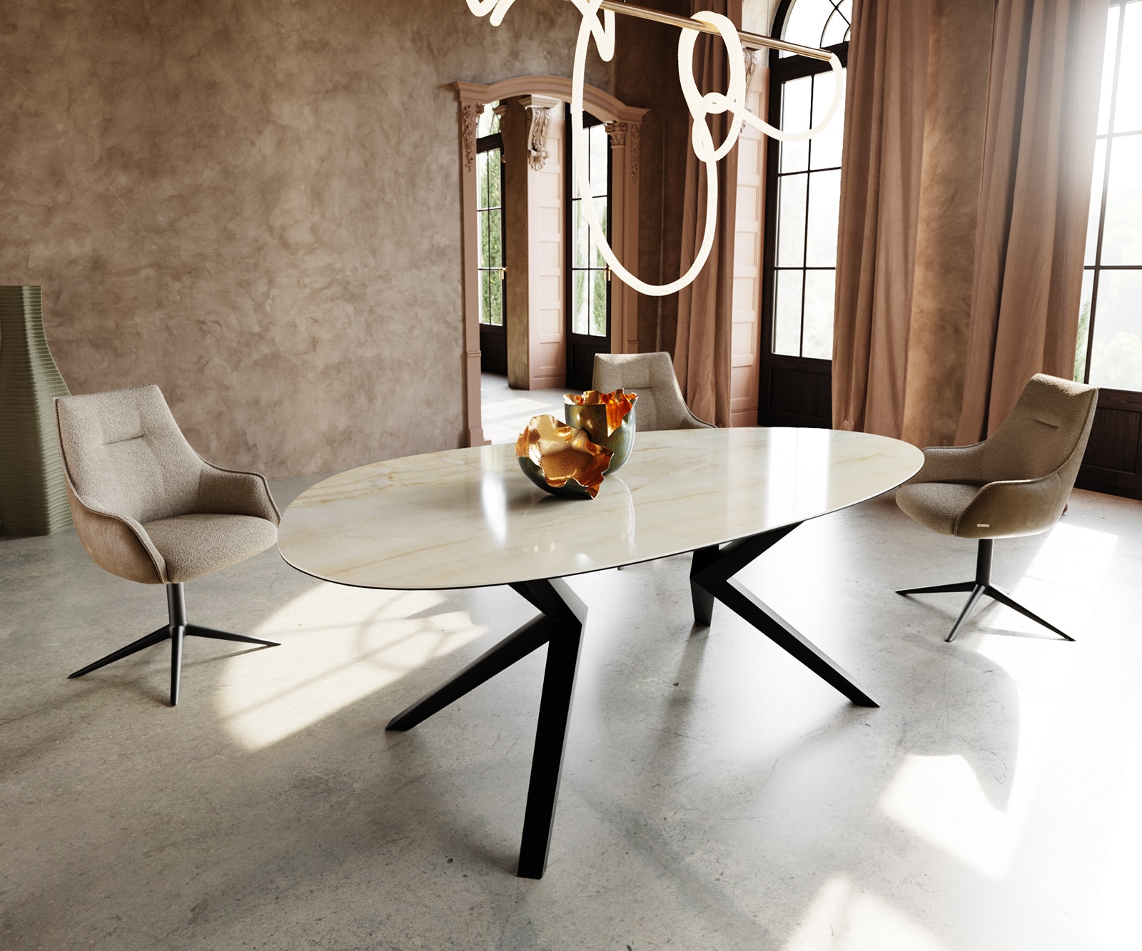 Esstisch Edge Oval 220x120 Keramik Iris FMG Onice Oro Zenthara kantig Metall Schwarz
