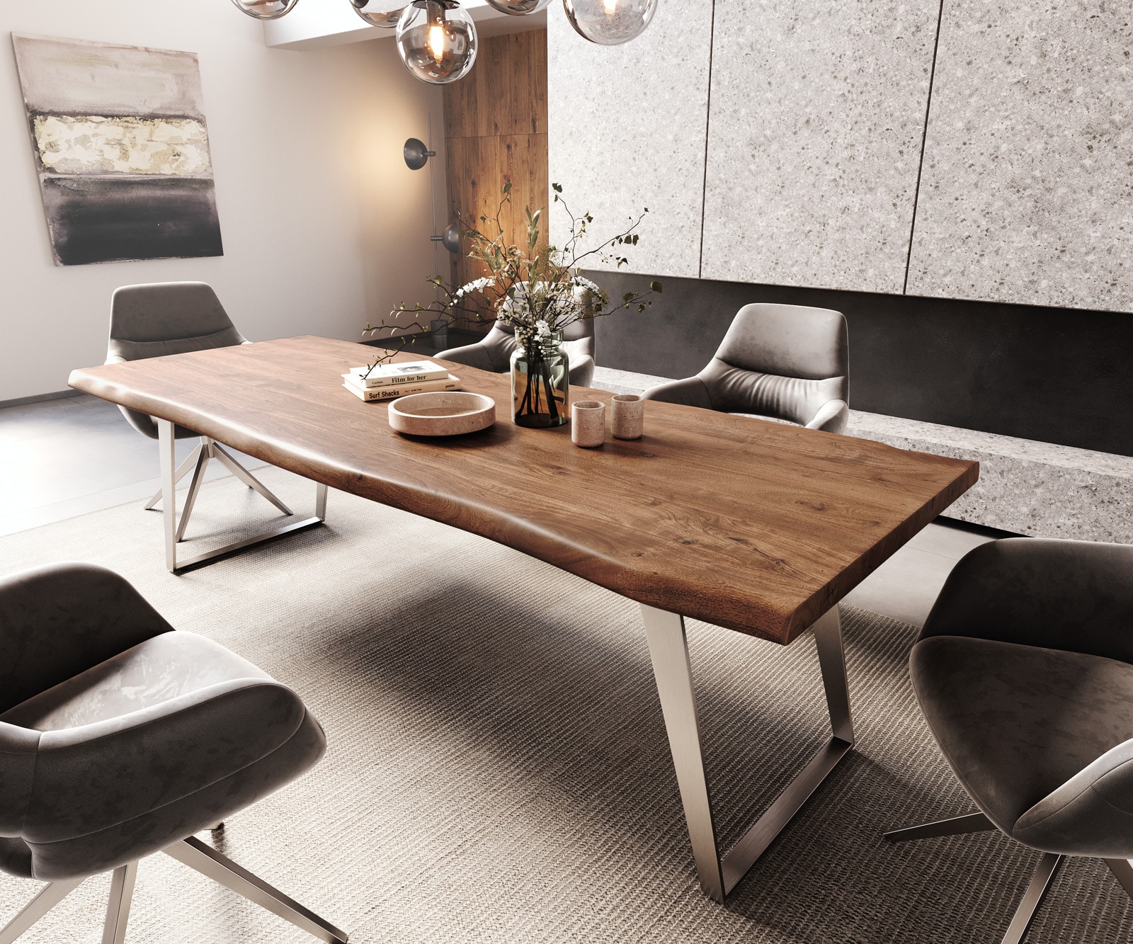 Esstisch Edge 260x100cm XL Akazie Braun Edelstahl Silber schräg Live-Edge 1