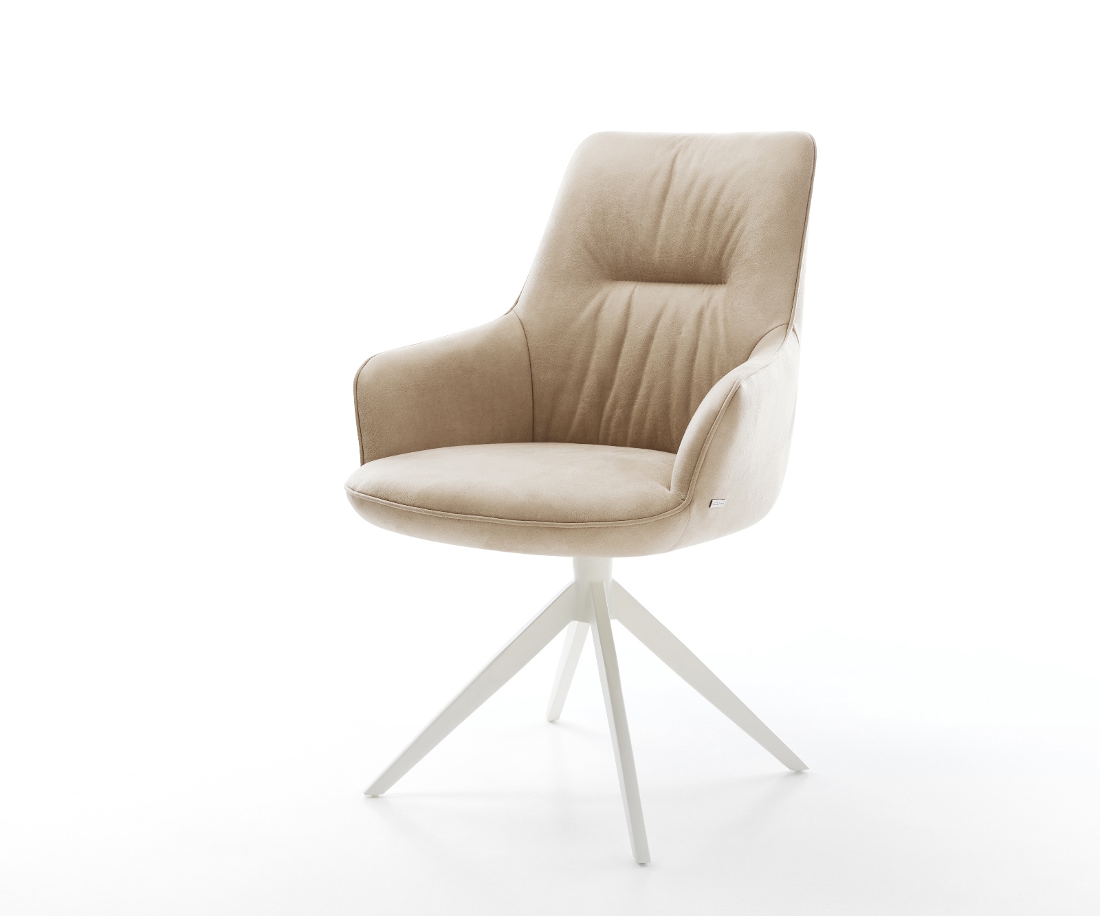 Drehstuhl Zelia-Flex mit Armlehnen Mikrofaser Beige Vintage Kreuzgestell breit Weiß 360° drehbar Wippfunktion Taschenfederkern