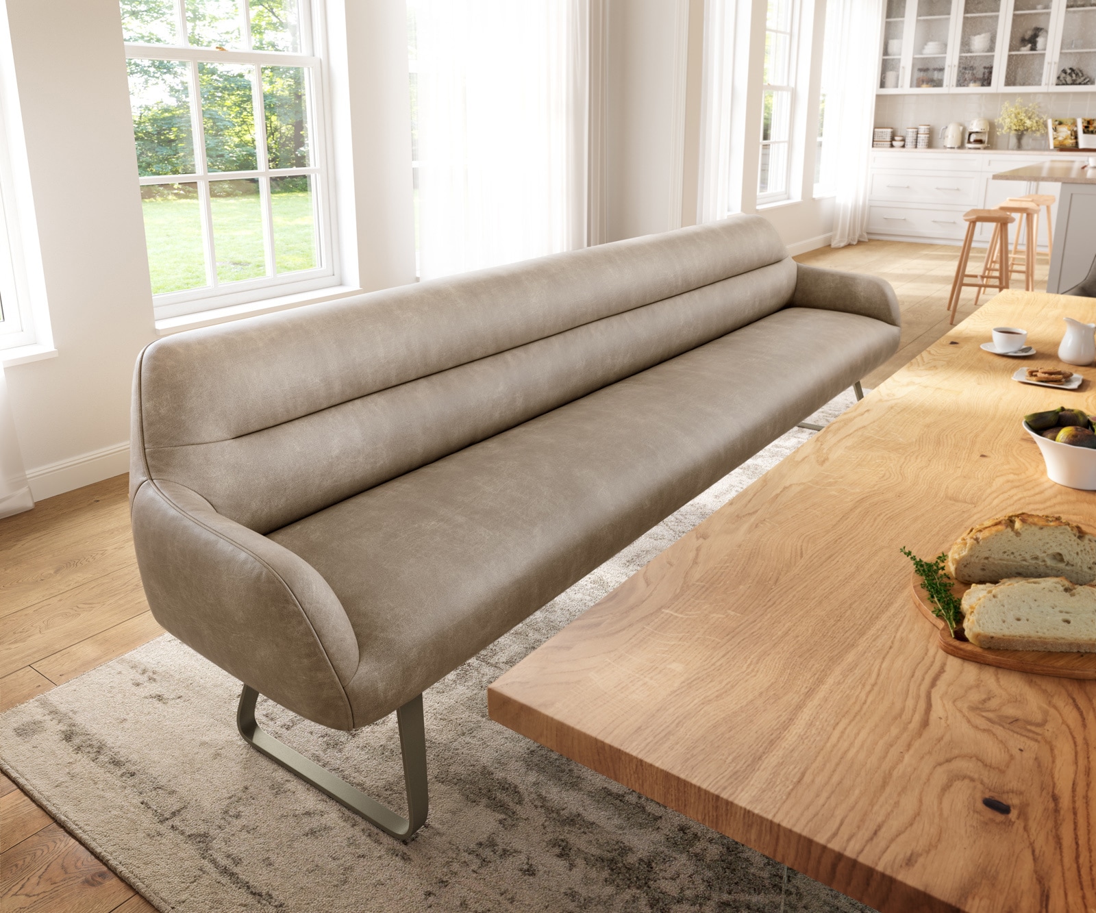 Esszimmerbank Taya-Flex 300 cm Mikrofaser Beige Vintage Kufengestell flach Effektfinish Titan Taschenfederkern