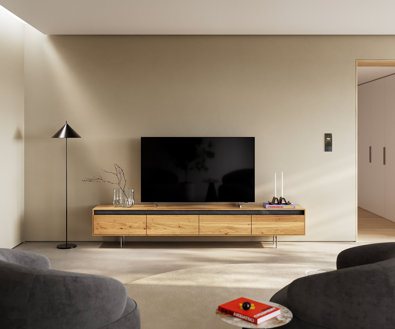 Lowboard Stonegrace 240 cm Eiche Natur 4 Türen Fuß Oval Edelstahl 1 Lowboard Stonegrace 240 cm Eiche Natur 4 Türen Fuß Oval Edelstahl 1