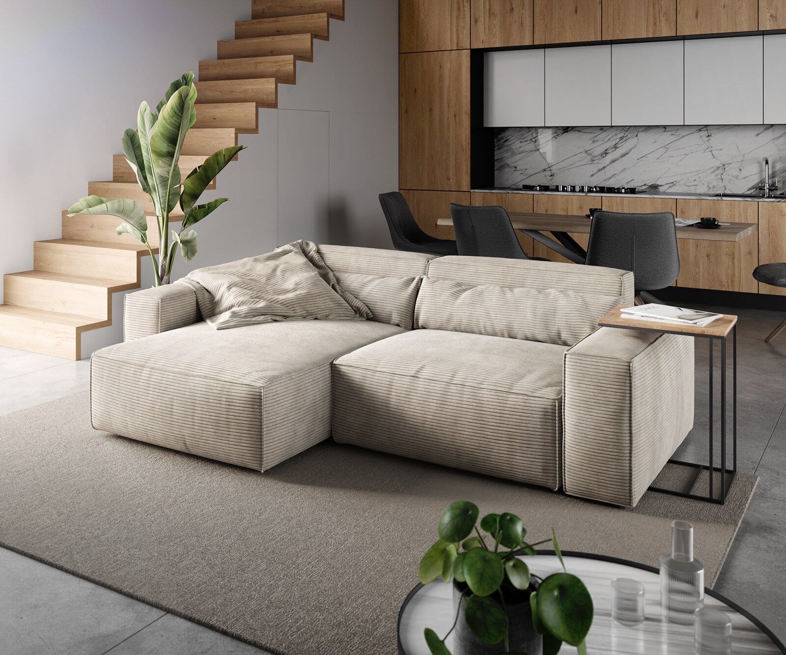 DELIFE Ecksofa Sirpio 230x150 cm Cord Beige Recamiere variabel