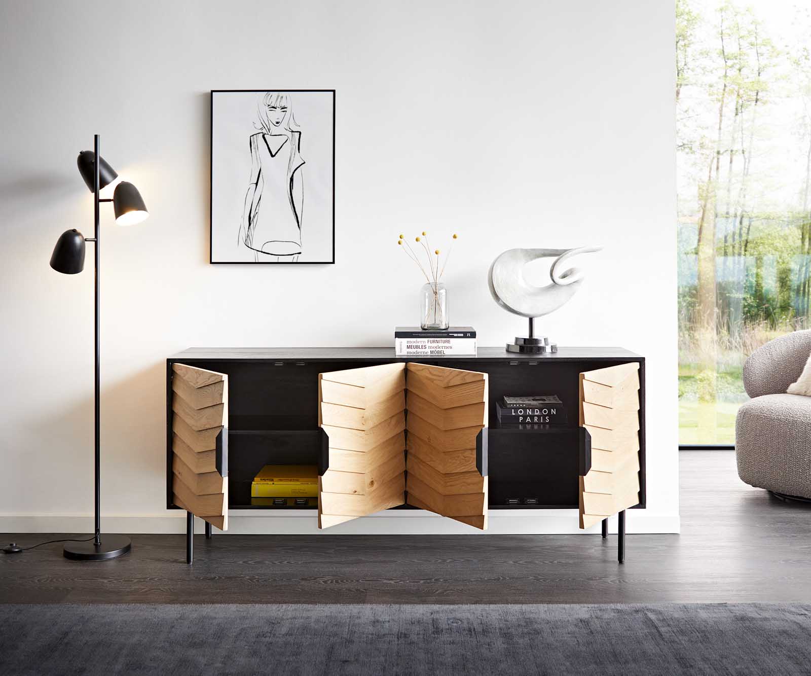 Sideboard Muvi 175 cm Eiche Natur Mango Schwarz Metall Schwarz 4 Türen 3