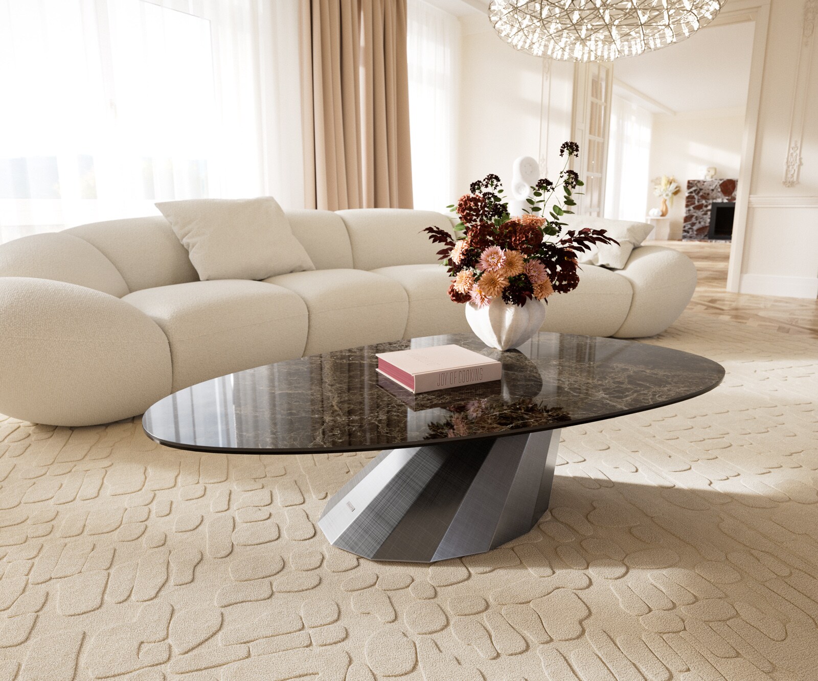 Couchtisch Edge Oval 140x75 cm Keramik Emperador Extra Lucidato Dunkelbraun Parabi Metallic Silber