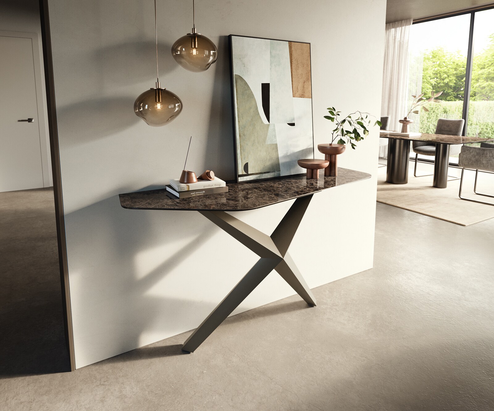 Konsolentisch Edge Polygonal 140x50 cm Keramik Emperador Extra Lucidato Dunkelbraun Zentharo Metall Effektfinish Titan 3