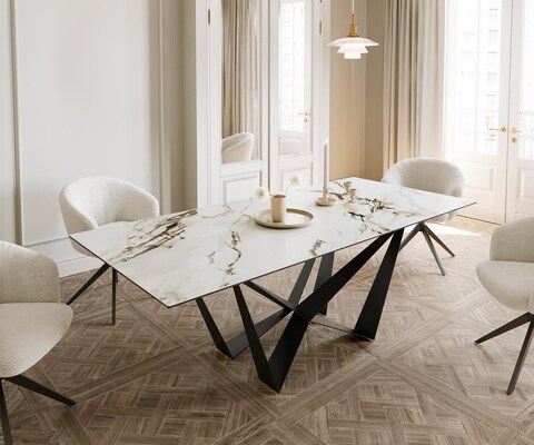 Esstisch Edge 180-220x100 Keramik Calacatta Luxe Weiß-Gold-Grau Spider Flachstahl Schwarz ausziehbar