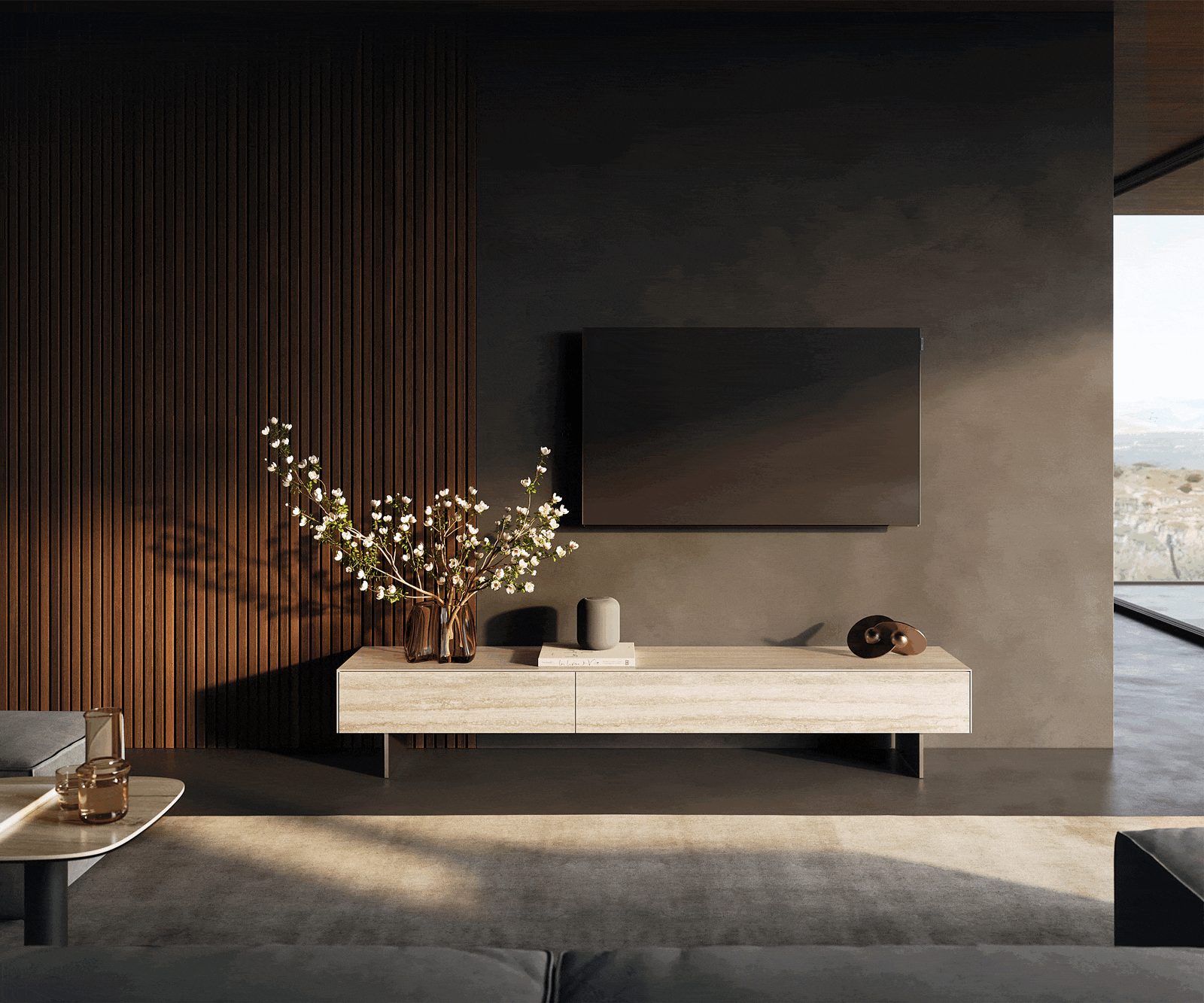 Lowboard Cuor 200 cm Keramik Laminam® Travertino Bianco Creme-Weiß 1 Klappe 1 Schubfach Schwebend 1