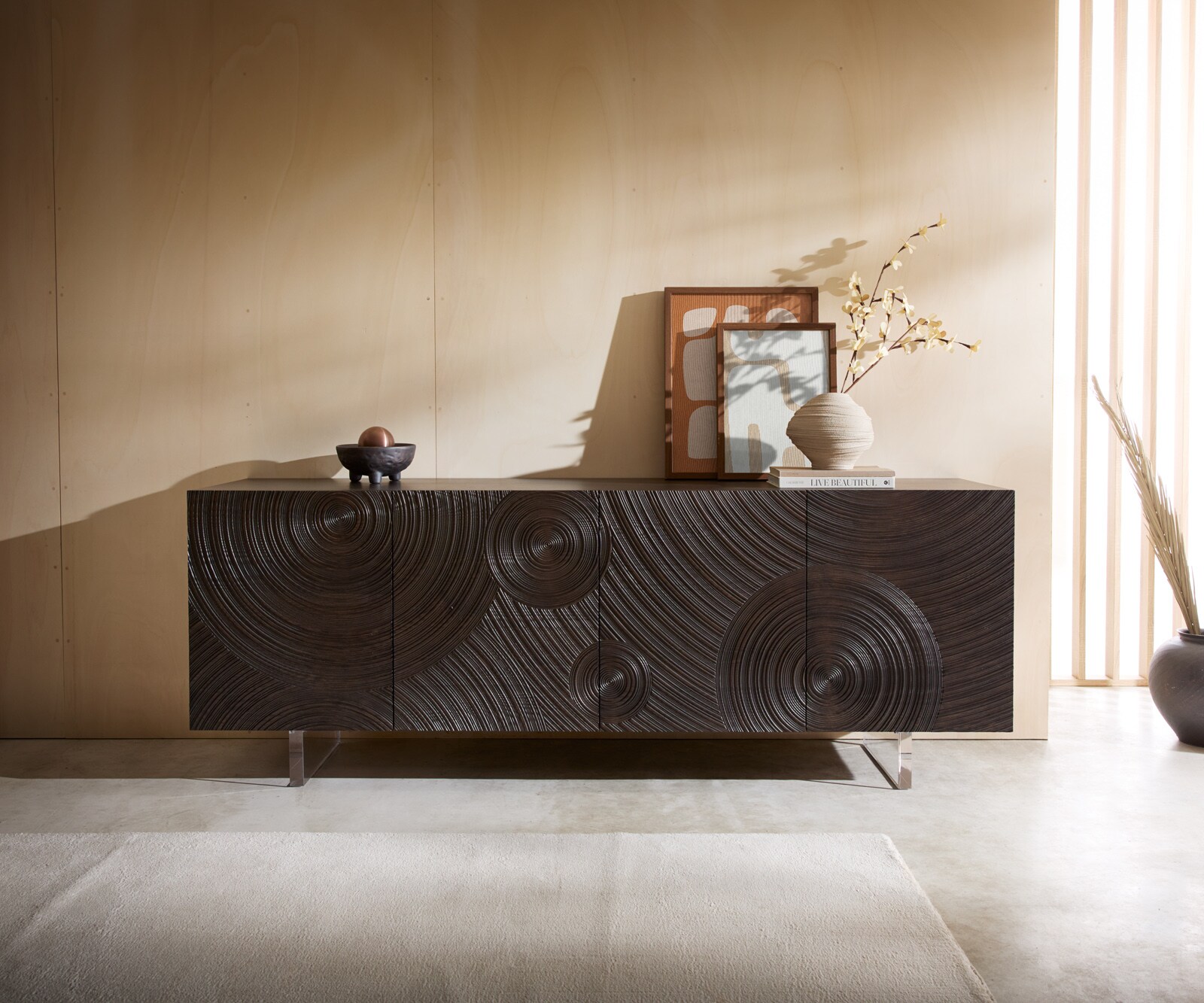 Sideboard Ashara 200 cm Esche Dunkelbraun 3D Effekt 4 Türen Fuß Schwebeoptik Acrylglas 1