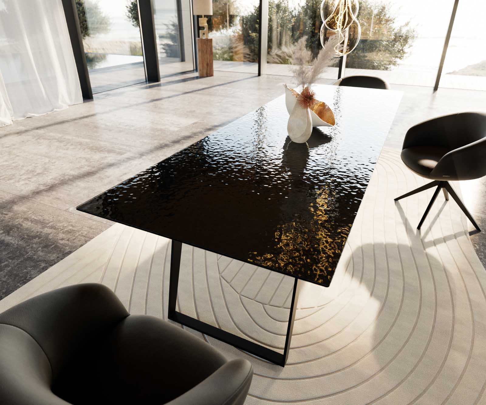Esstisch Edge 300x100 Reliefglas Rauchschwarz 3D-Design Metall Schräg Schwarz 6