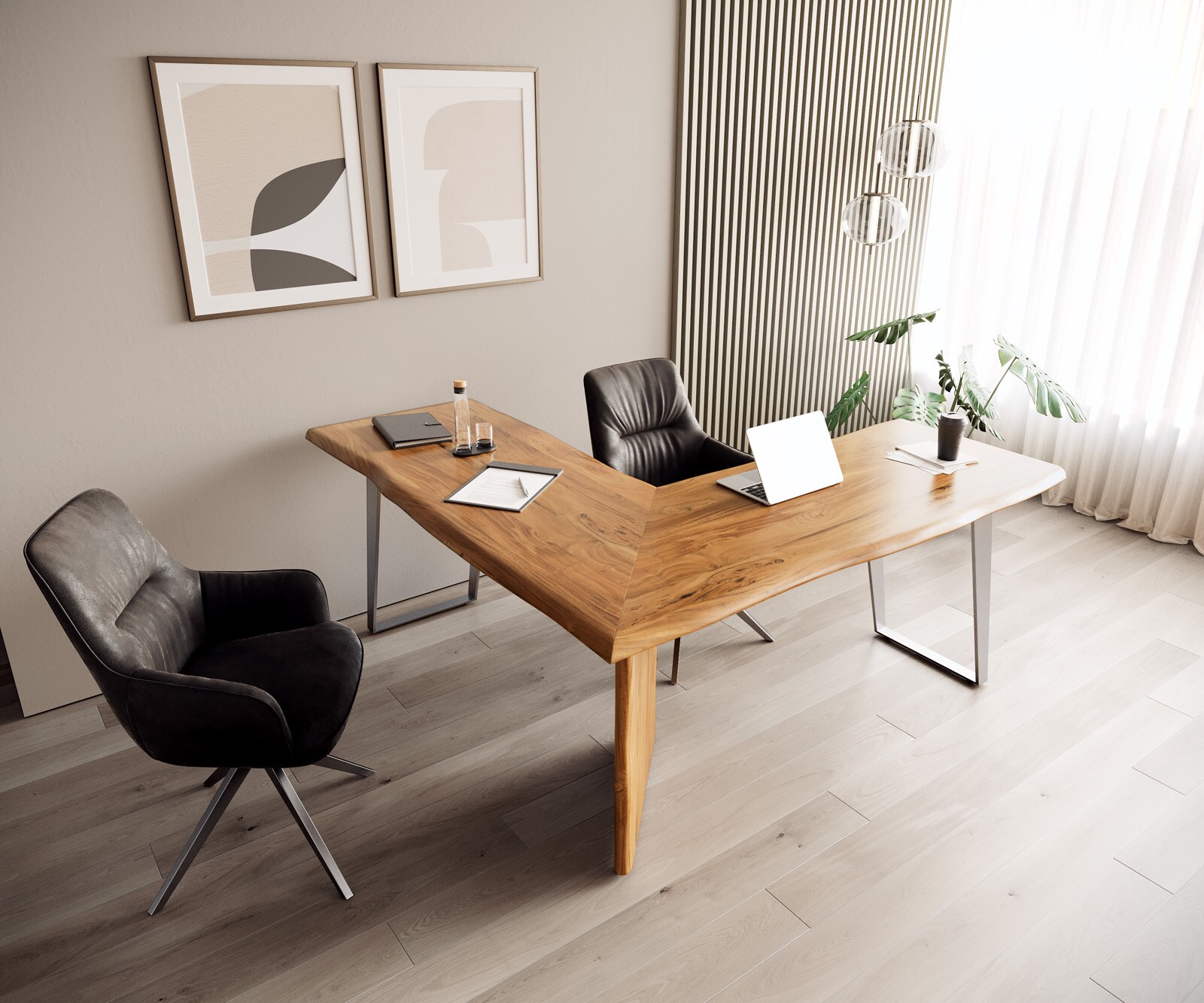 Schreibtisch Live-Edge 170x170 Akazie Natur Gestell Silber Baumkante 6