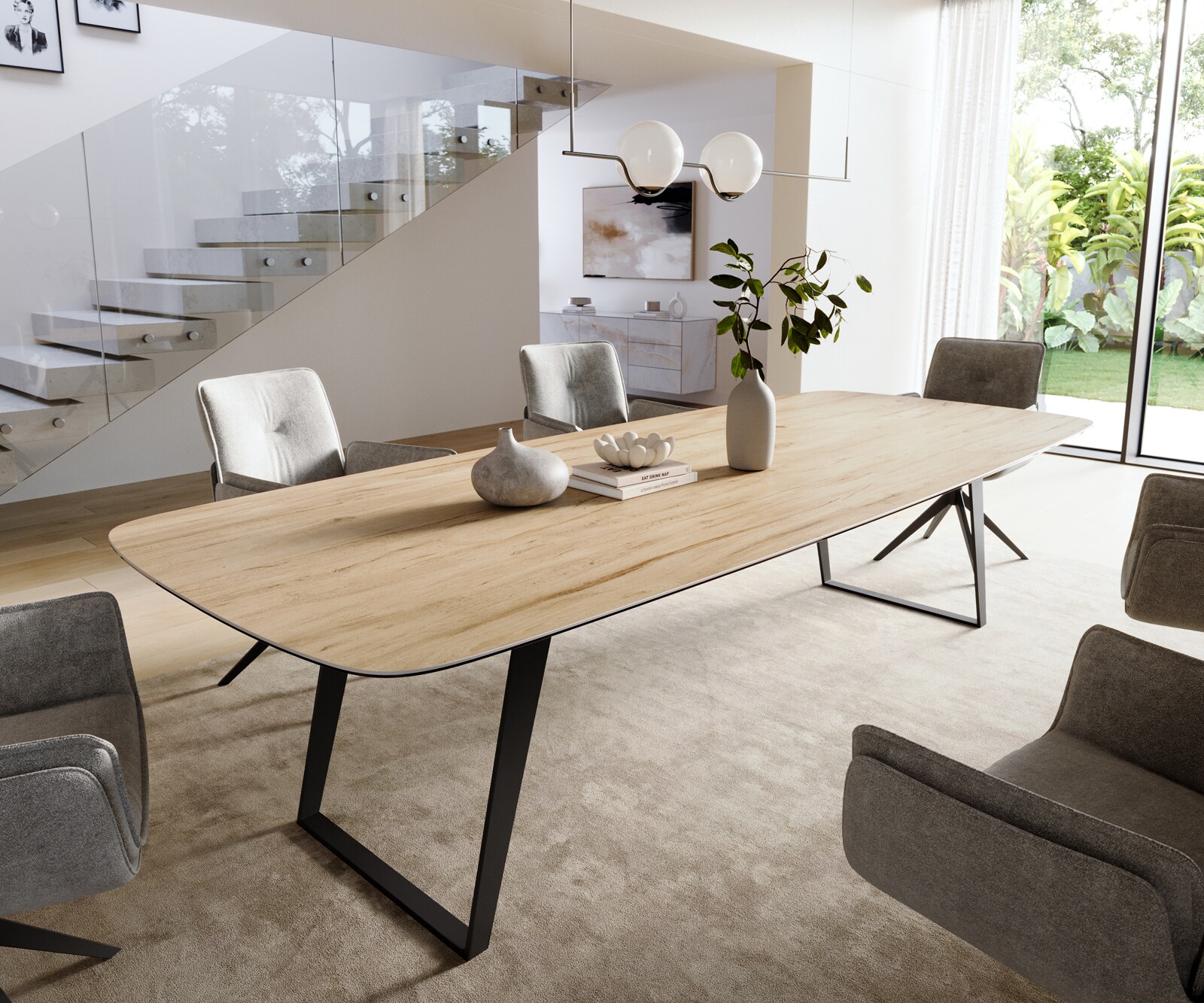 Esstisch Edge Boot 300x120 cm Keramik Laminam® Sabbia Eichefarbig Metall Schräg Schwarz 1