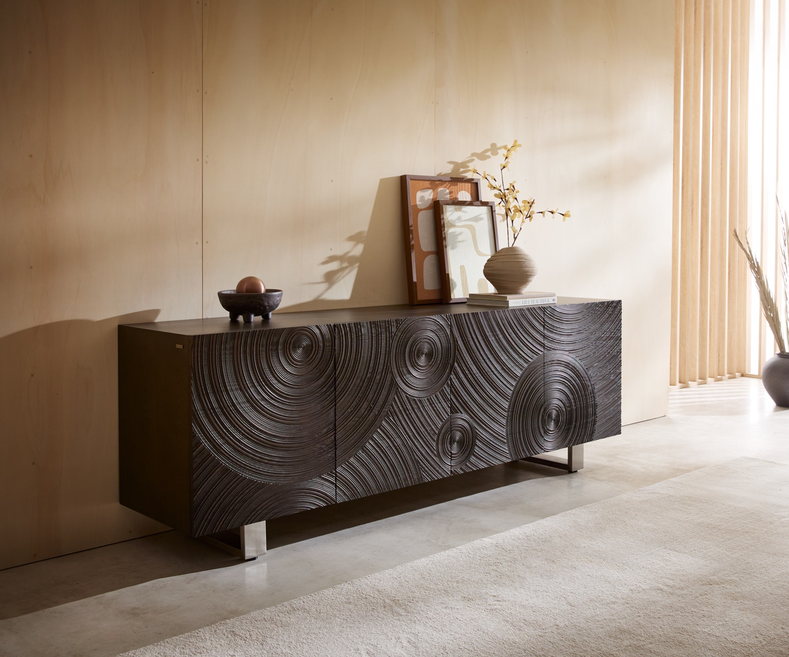 Sideboard Ashara 200 cm Esche Dunkelbraun 3D Effekt 4 Türen Kufe Edelstahl gebürstet Sideboard Ashara 200 cm Esche Dunkelbraun 3D Effekt 4 Türen Kufe Edelstahl gebürstet