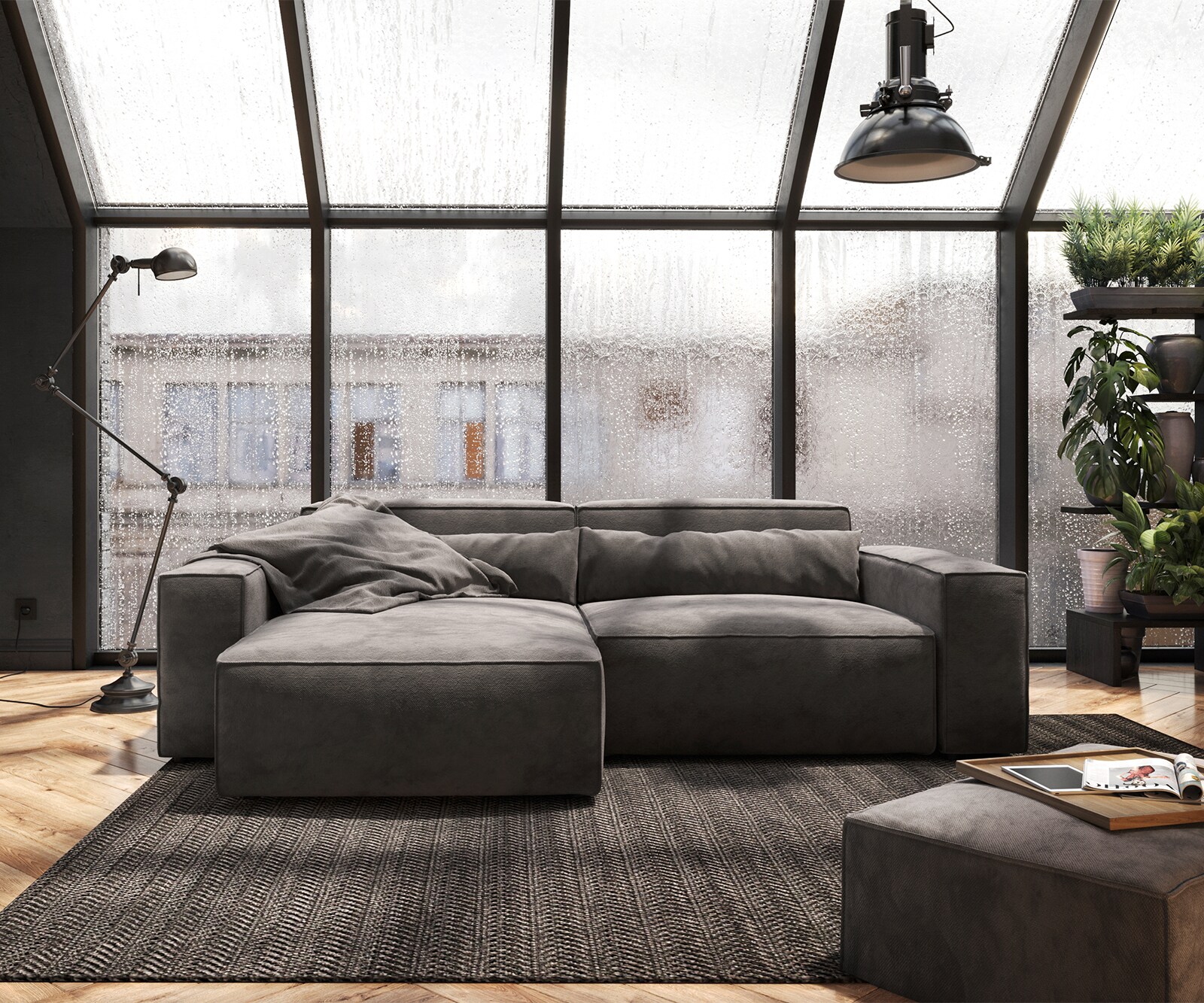 Ecksofa Sirpio 230x155 cm Mikrofaser Khakibraun Recamiere variabel mit Hocker 1