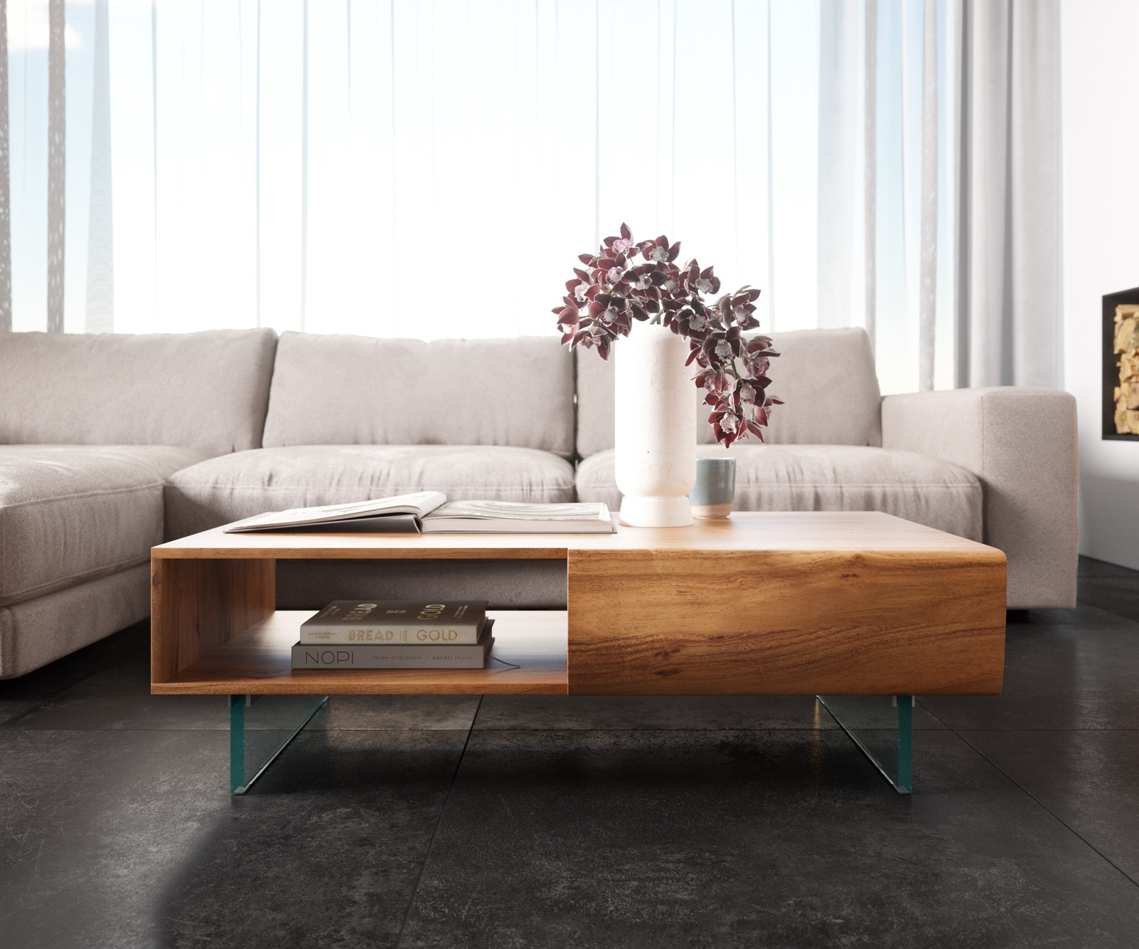 Couchtisch New Live-Edge 115x60 cm Akazie Natur 2 Schubladen 1 Fach Glasfuß schwebend 1 Couchtisch New Live-Edge 115x60 cm Akazie Natur 2 Schubladen 1 Fach Glasfuß schwebend 1
