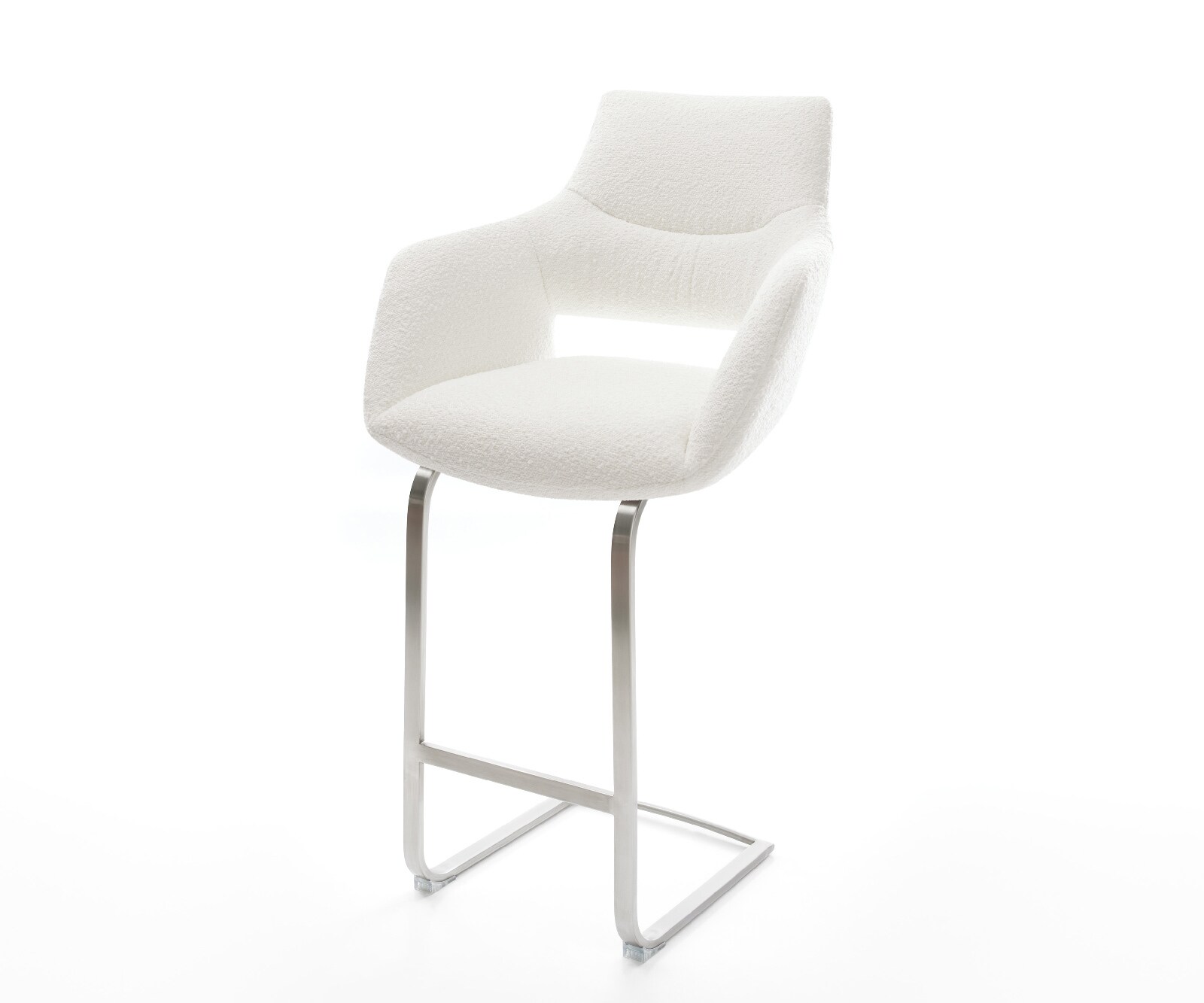 Chaise-de-bar Yago-Flex Bouclé Crème-blanc Pied cantilever acier inoxydable Argent Ressort ensaché