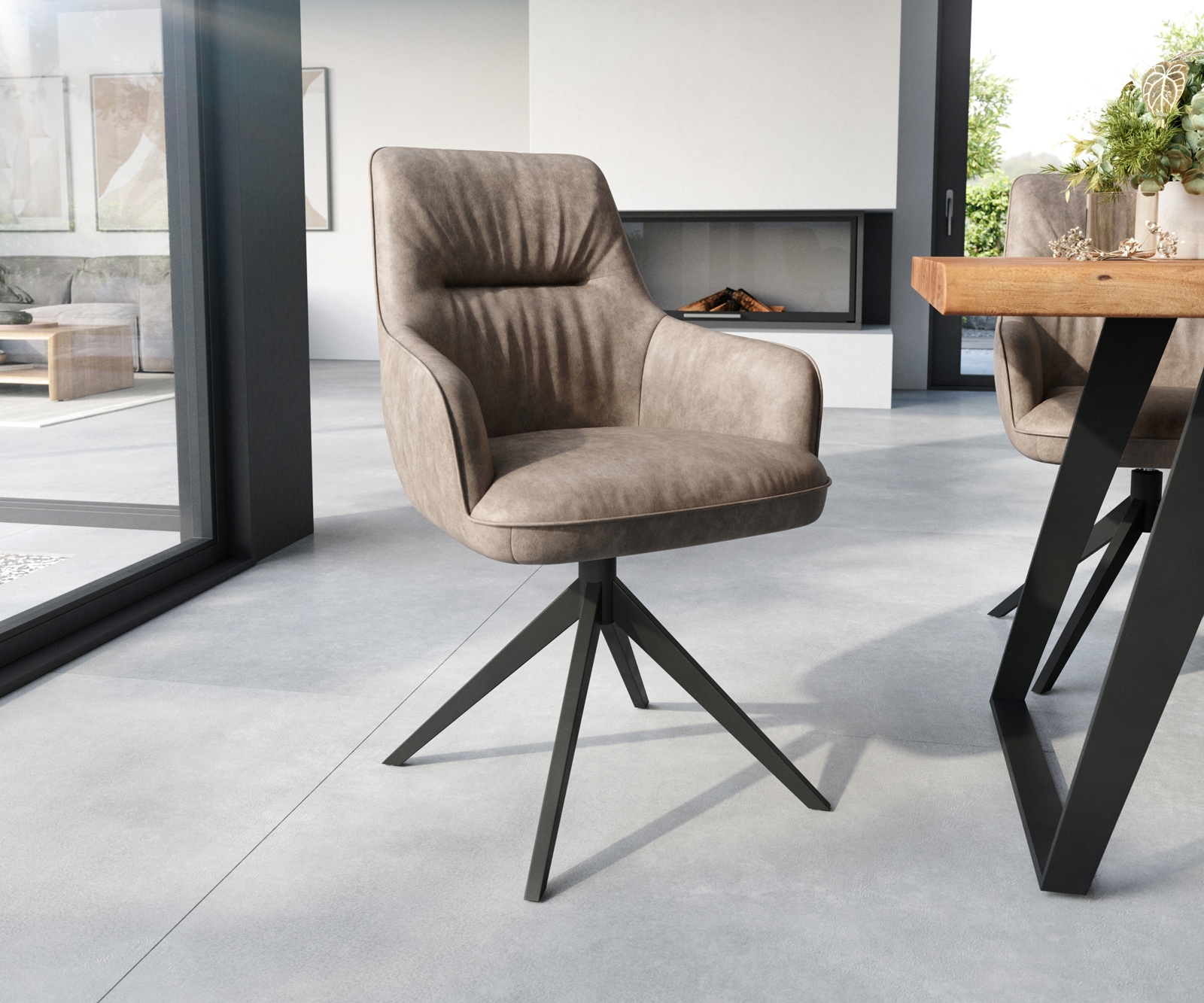 Esszimmerstuhl Zelia-Flex mit Armlehnen Mikrofaser Taupe Vintage Kreuzgestell breit Schwarz Taschenfederkern
